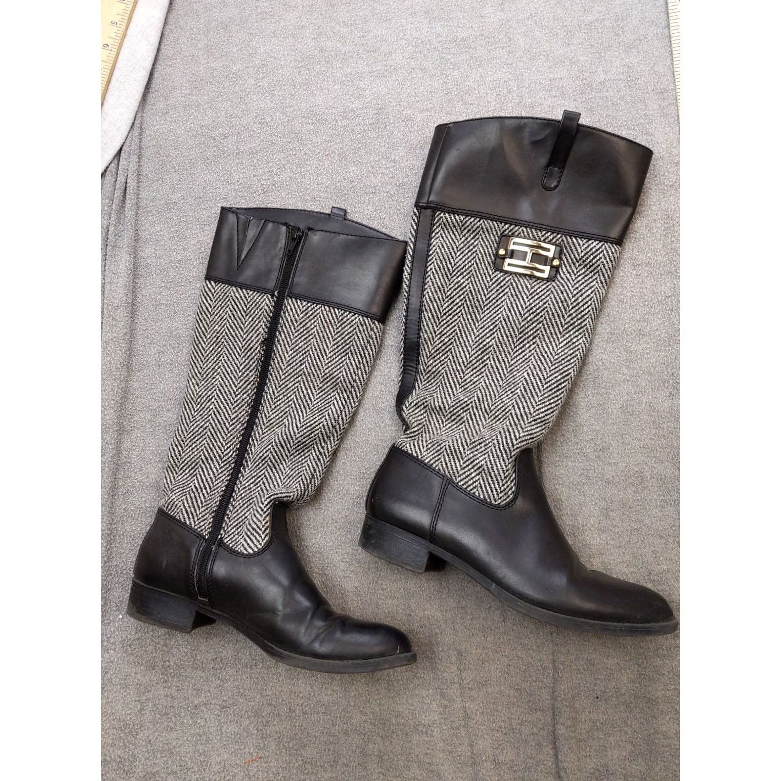 Tommy Hilfiger Tommy Hilfiger Boots Womens Size 7 Black Leather Herringbone Knee High Riding Boot Women Footwear Long Tail Riding Boots Size US 7 / IT 37 - 3 Thumbnail