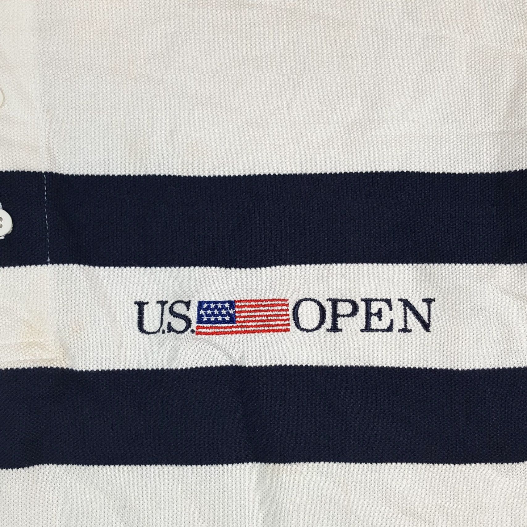 Vintage VINTAGE US Open Polo Shirt Striped Golf Polo Men's L White 100% Cotton Short Sleeve Button Collared Shirt 90s Preppy Vintage Shirt Mens Size US L / EU 52-54 / 3 - 3 Thumbnail