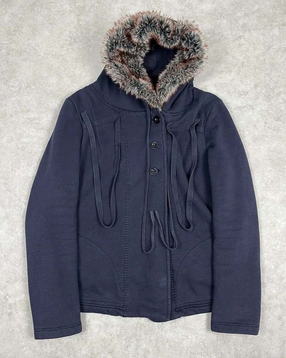 Marithe + Francois Girbaud 2000s Marithé + François Girbaud Navy Fur Hooded Cardigan Jacket Size US M / EU 48-50 / 2 - 1 Thumbnail
