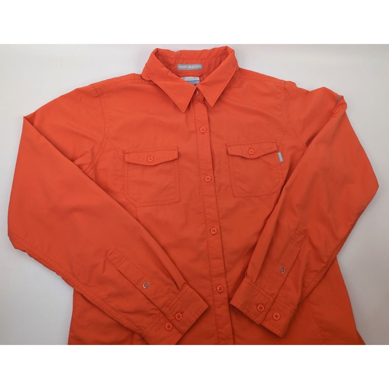 Vintage Columbia Button-Up Shirt Womens Medium Neon Orange Hiking Insect Blocker Casual Breathing Summer Spring Size M / US 6-8 / IT 42-44 - 2 Thumbnail