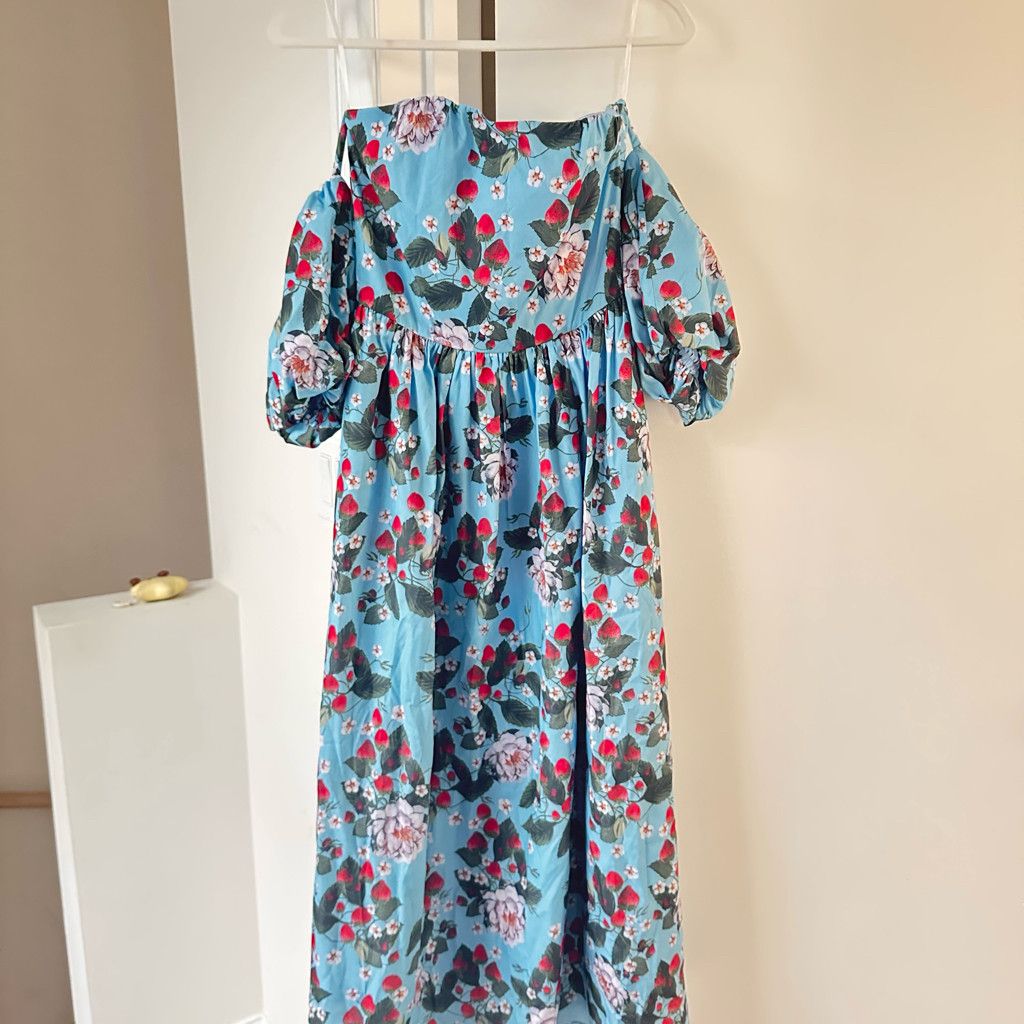Zara Romantic Blue Strawberries and Floral Puff-Sleeve Maxi Dress Size S / US 4 / IT 40 - 8 Thumbnail