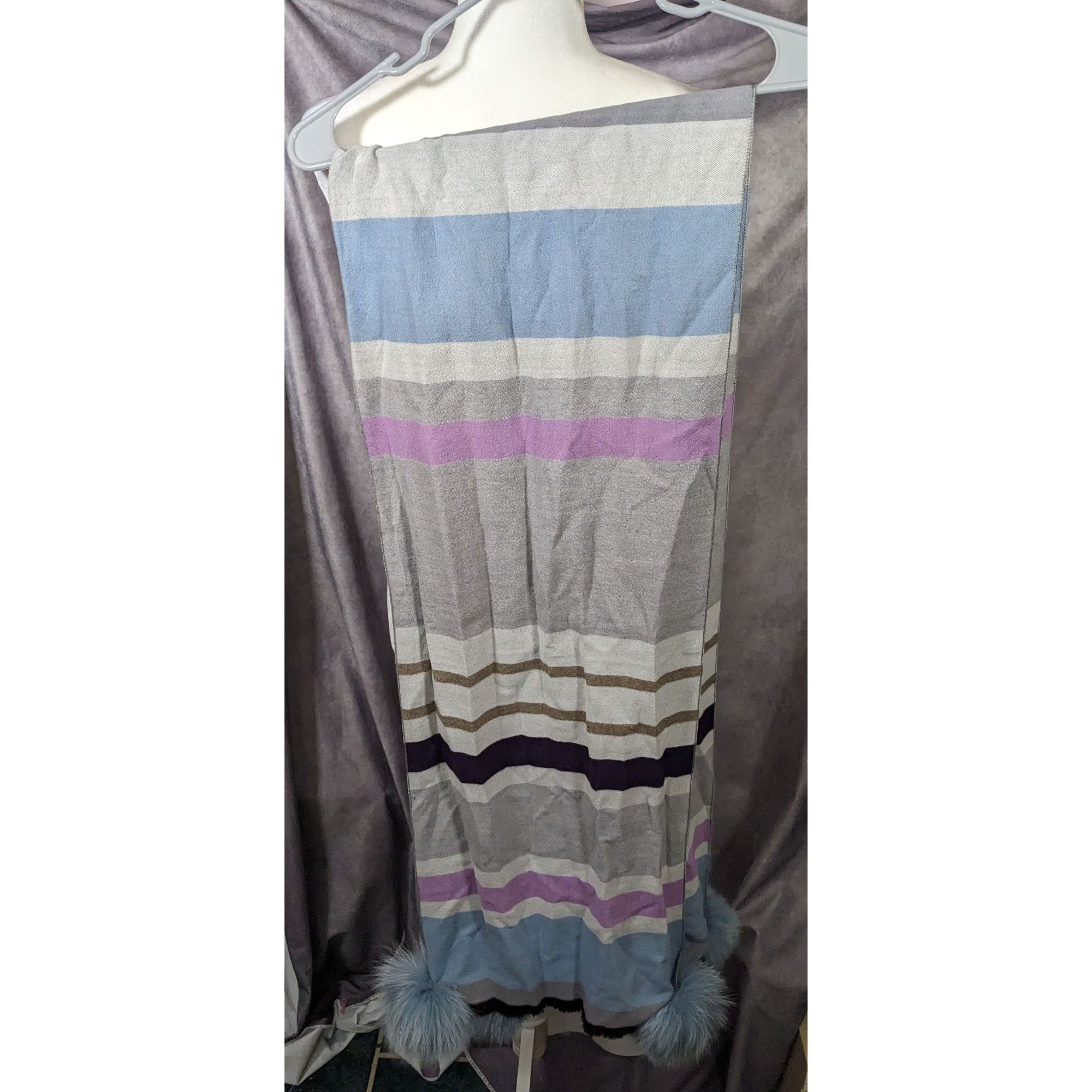 Other Casual Grey Purple And Blue Striped Pompom Scarf Size ONE SIZE - 8 Thumbnail