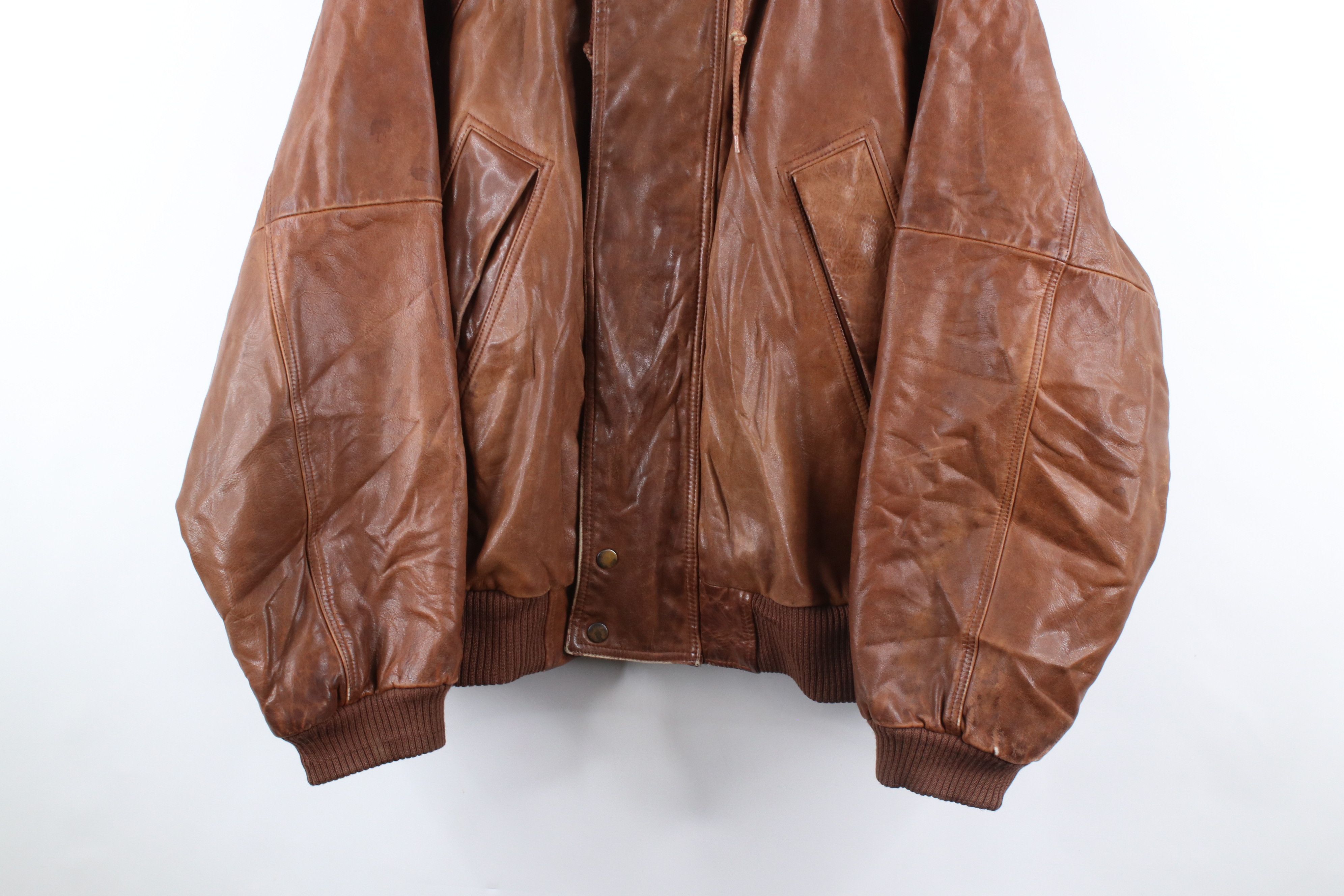 Vintage Vintage 90s Streetwear Hooded Leather Bomber Jacket Brown Size US XL / EU 56 / 4 - 3 Thumbnail