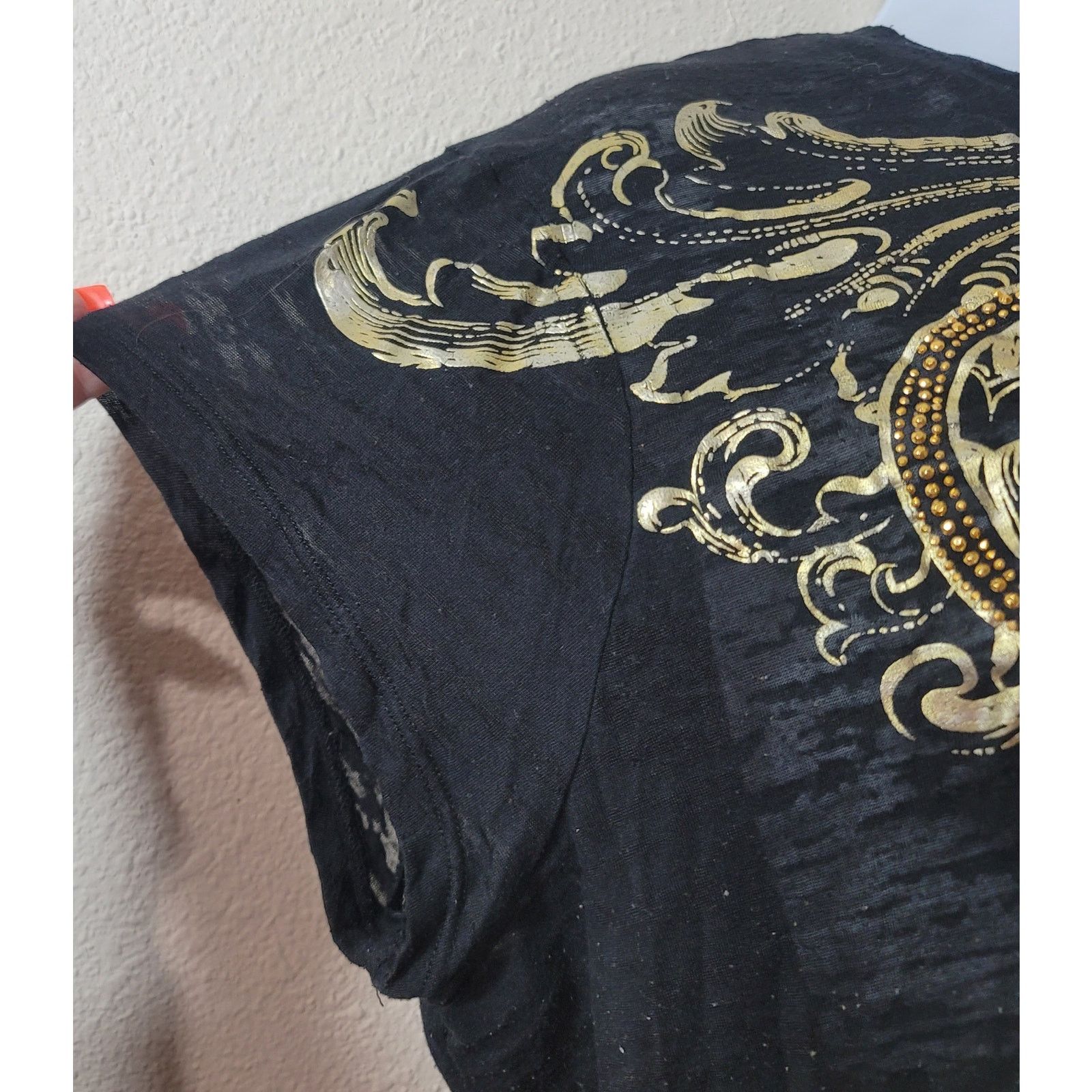 Other Fabulosity Black Gold Metal Studded Burnout Material Top 2X Size XXL / US 16-18 / IT 52-54 - 7 Thumbnail