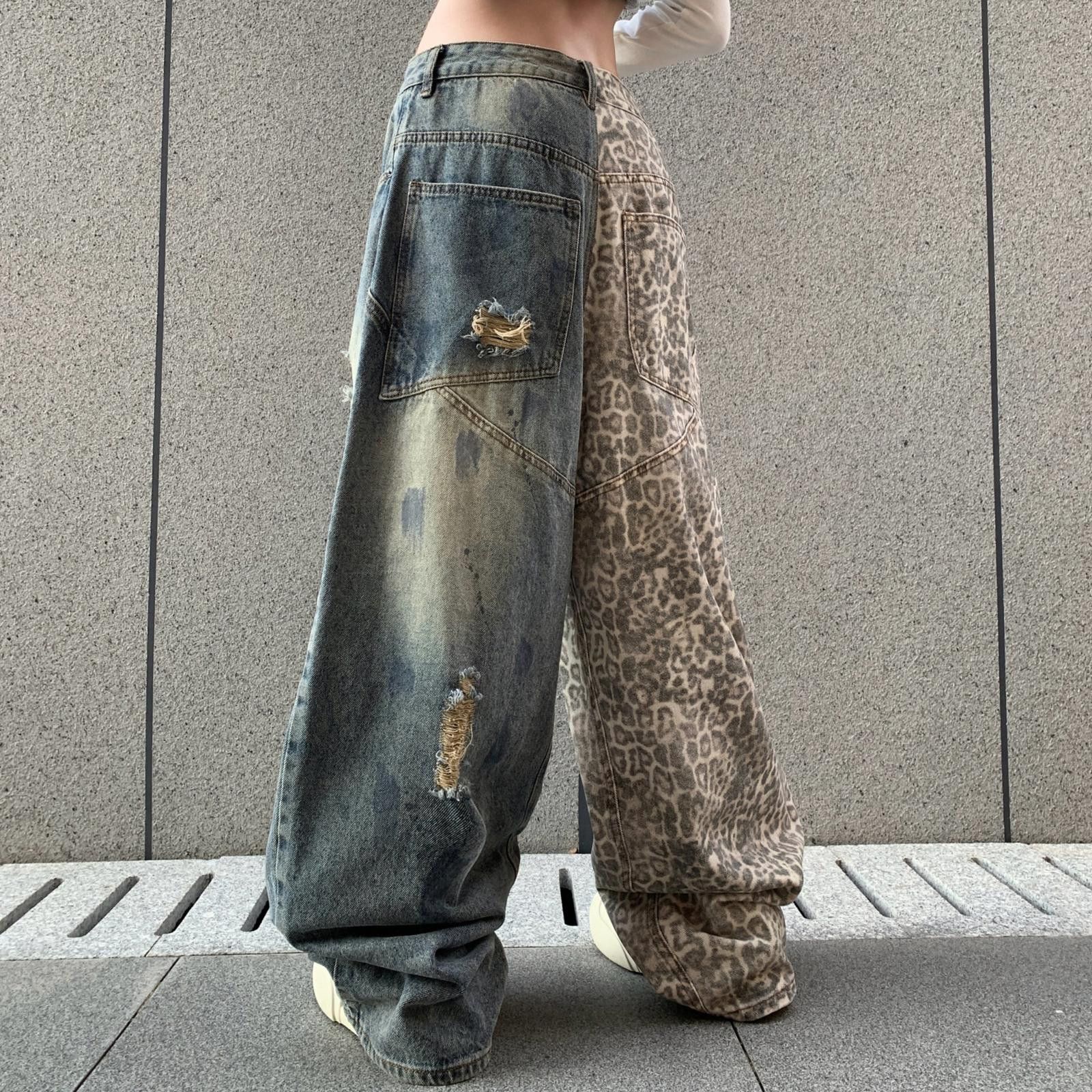 Japanese Brand Two-Tone Distressed Wide Leg Jeans, Leopard Print Denim Size 32" / US 10 / IT 46 - 3 Thumbnail