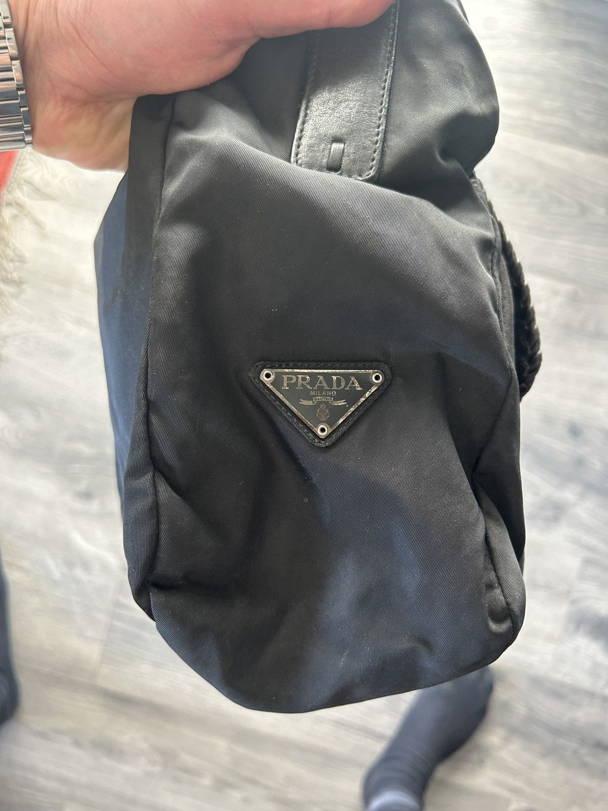 Prada Black Nylon and Leather Shoulder Bag with Studded Pocket Size ONE SIZE - 4 Thumbnail