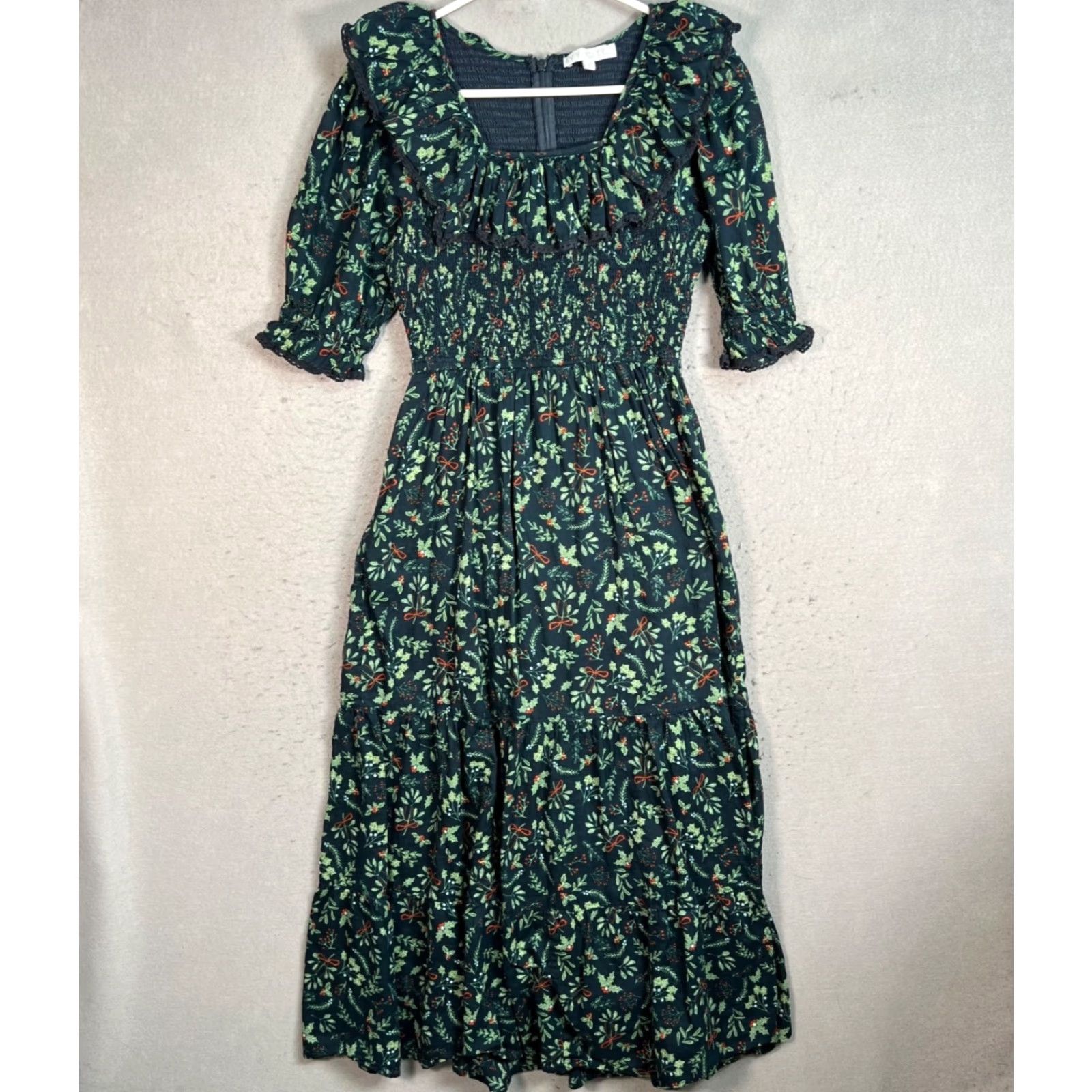 Ivy City Co Womens Midi Dress Ruffle Neckline Smocked Bodice Floral Green  Cotton A-Line/Fit & Flare 100% Cotton Casual Party/Cocktail Wedding M  Womens - crrs.pl