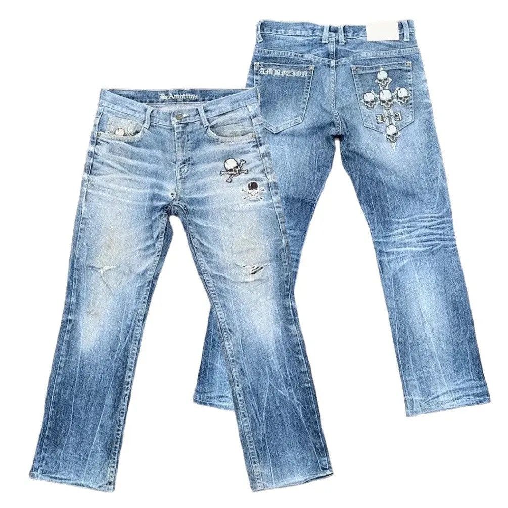 Tornado Mart SUN FADED SKULLS DISTRESSED DENIM TROUSERS BE AMBITION JEANS Size US 32 / EU 48 - 1 Thumbnail