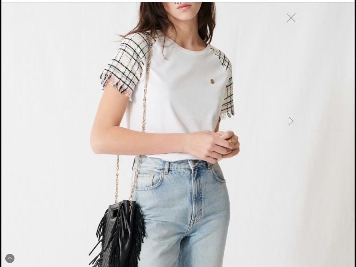 Maje Maje Paris Tweed-Sleeve Tee in Ecru MSRP$155 Parian Chic Size XS / US 0-2 / IT 36-38 - 1 Thumbnail