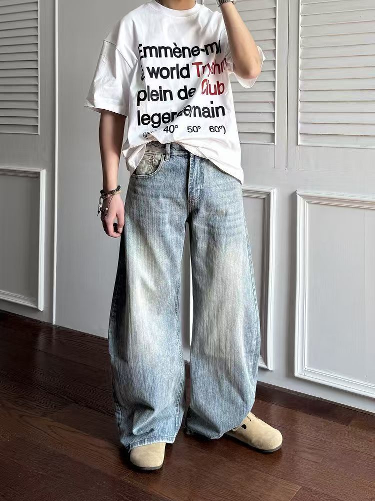 Vintage Blue Washed & Distressed Loose-Fit Curved-Leg Jeans Size US 32 / EU 48 - 1 Thumbnail
