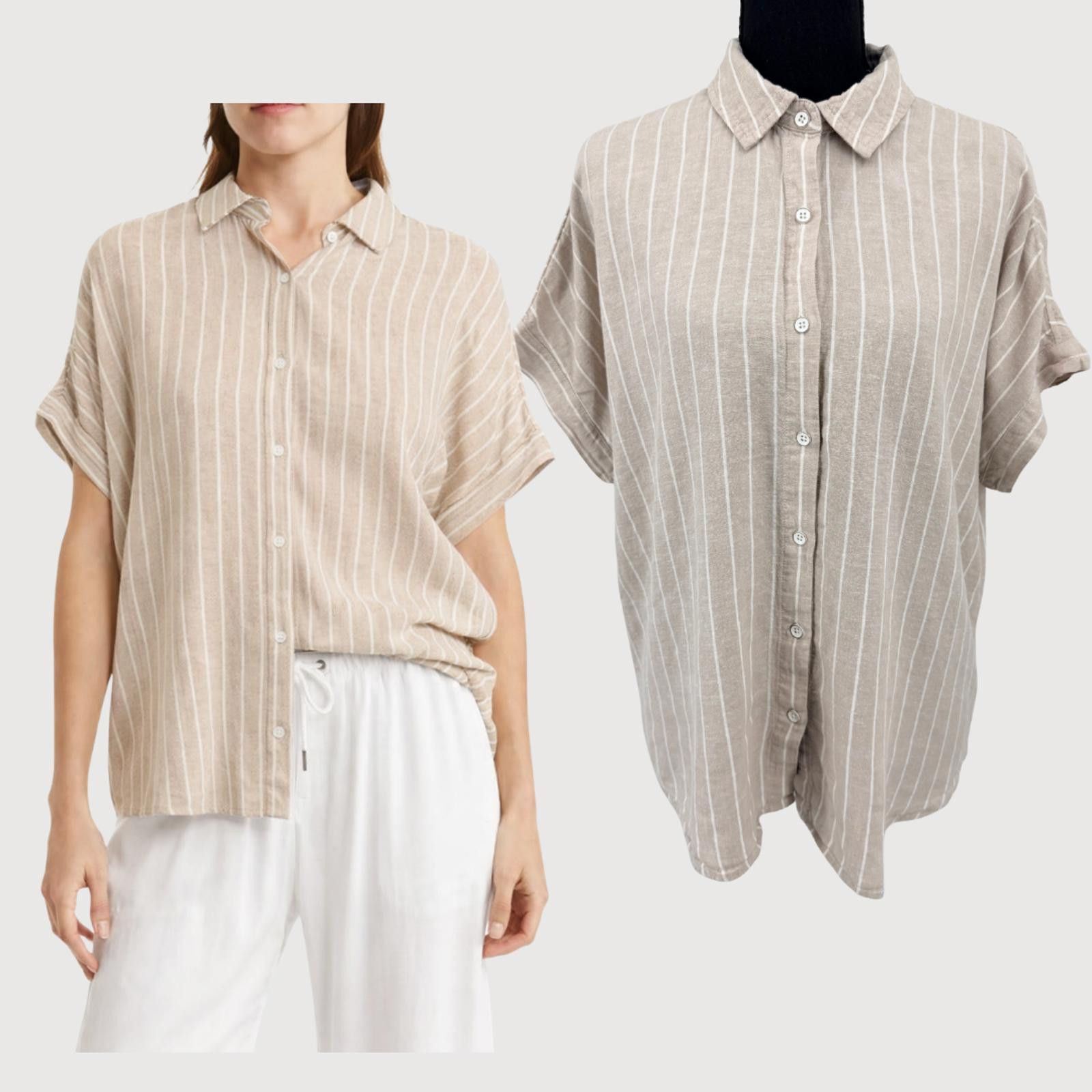 Splendid Splendid Linen Button Front Shirt Beige Stripe S Size S / US 4 / IT 40 - 1 Thumbnail