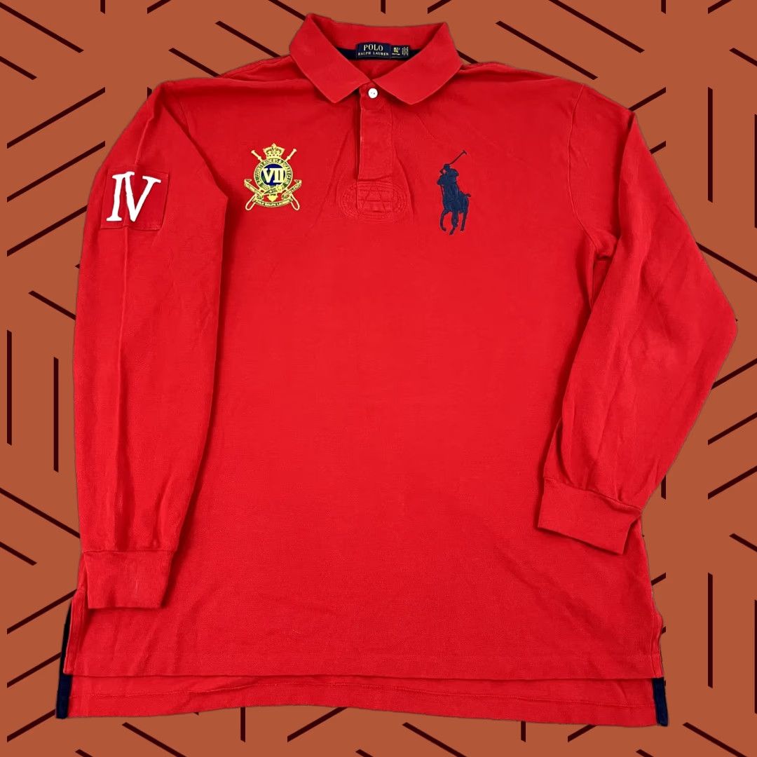 VINTAGE Polo Ralph Lauren Rugby Shirt Mens XLT Red Riders & Jockey Big Pony Embroidered
