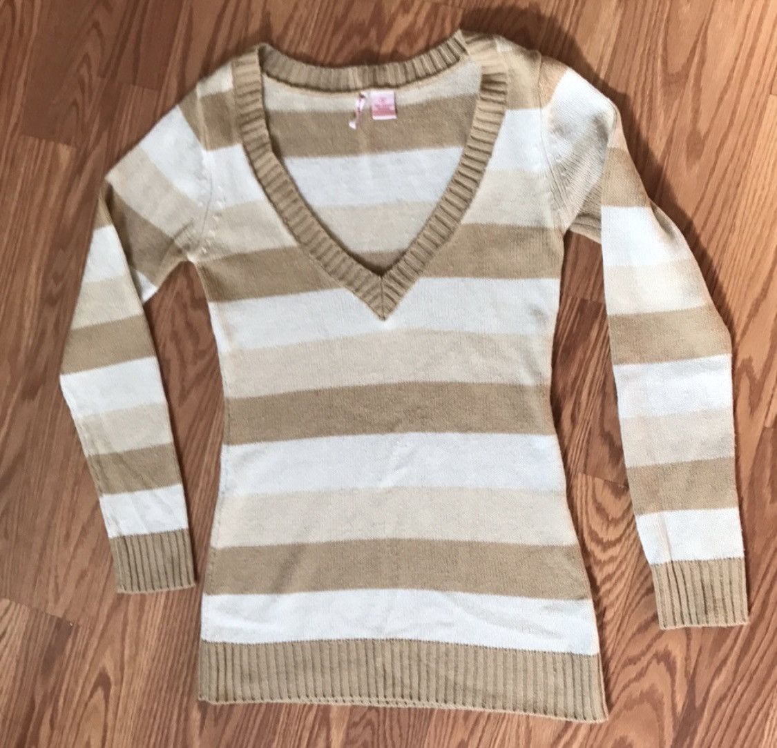 Other TAN & CREAM DEEP PLUNGE STRIPED KNIT SWEATER Size M / US 6-8 / IT 42-44 - 6 Thumbnail