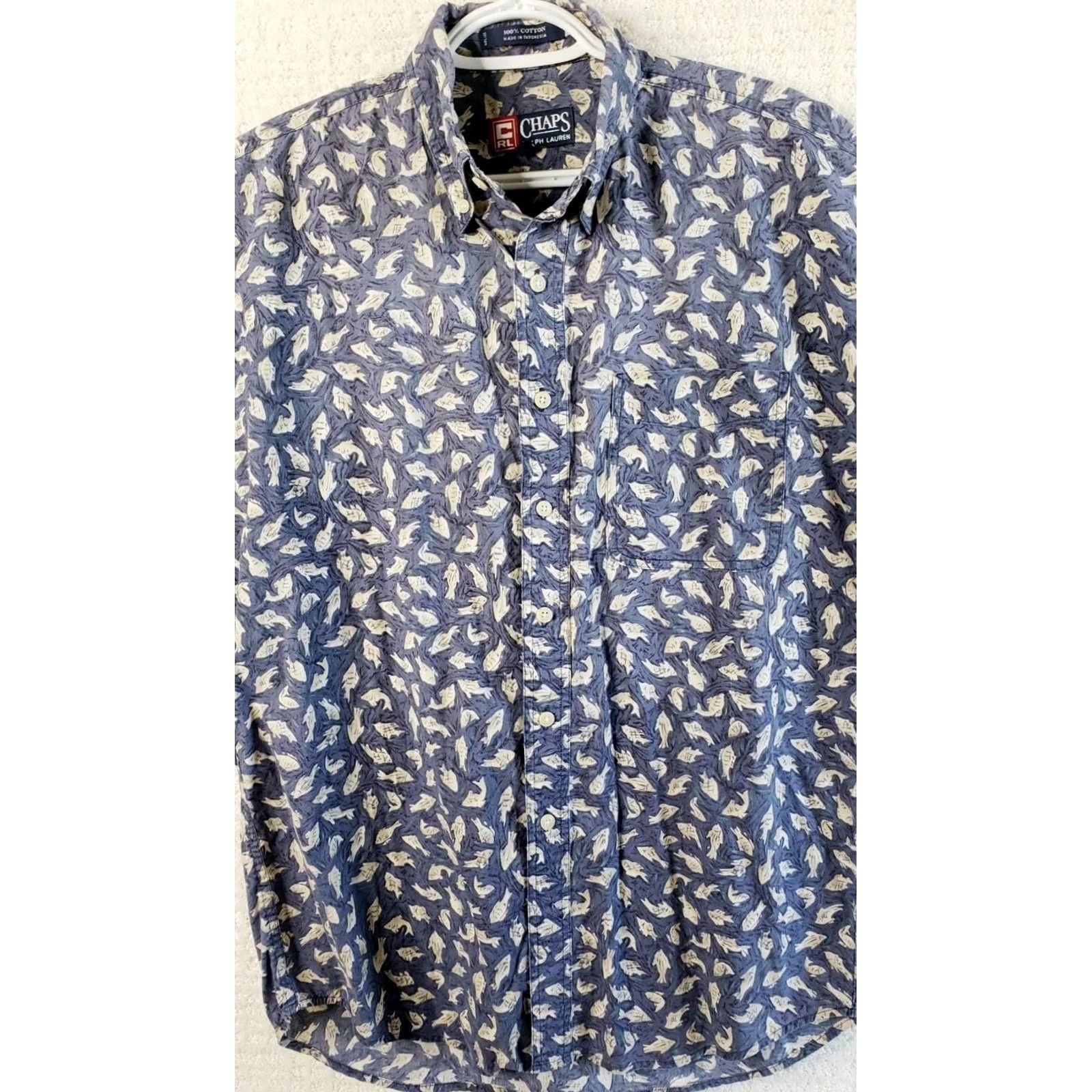 Chaps Chaps Ralph Lauren Mens M Short Sleeve Button-Down Shirt Blue with Fish Pattern, Cotton, Twill, Casual, Button-Up, Regular Fit Size US M / EU 48-50 / 2 - 3 Thumbnail