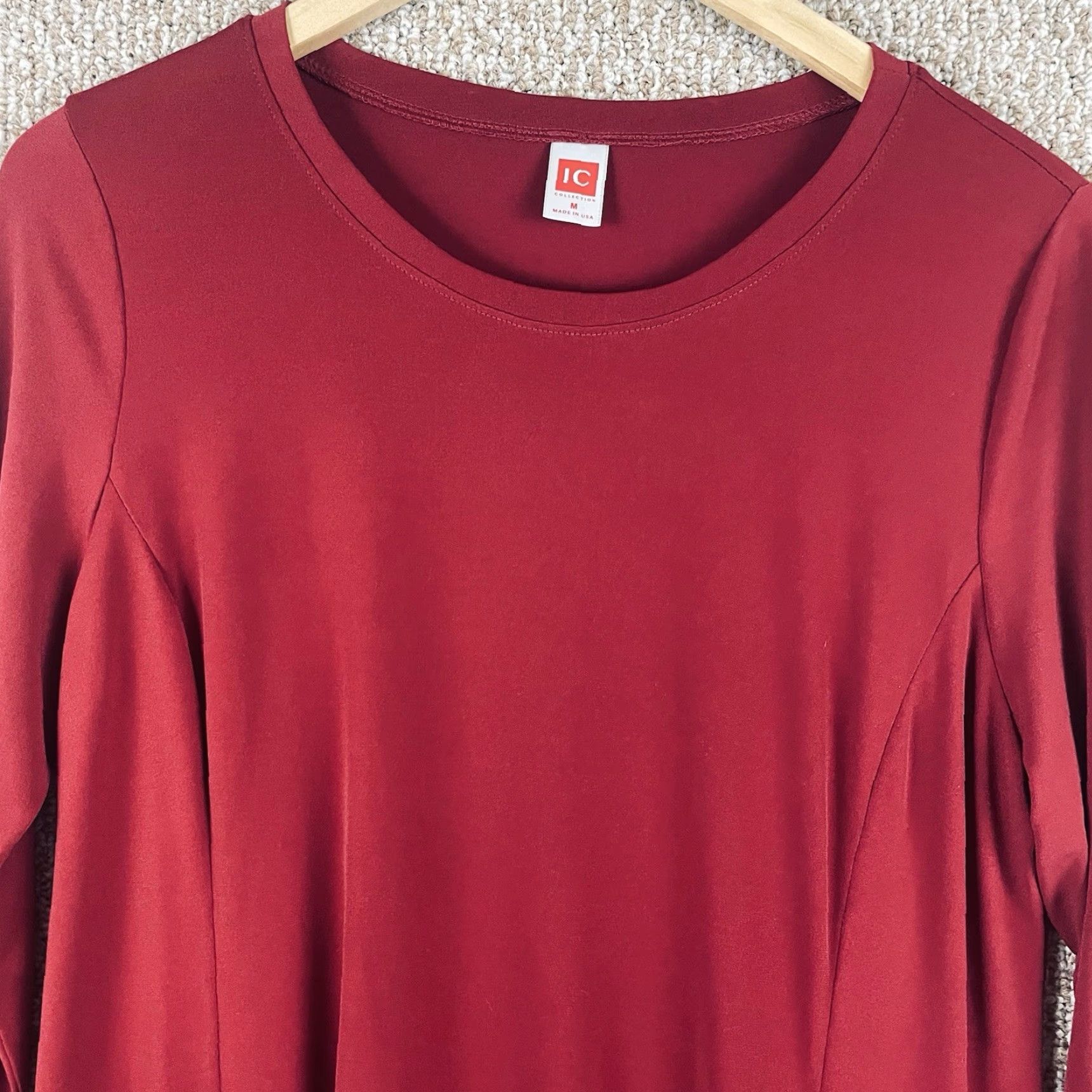 Vintage IC by Connie K Blouse Women M Red Tunic Round Neck Long Sleeve High-Low Hem NWT Jersey Drapey VINTAGE? (No) E320 Size M / US 6-8 / IT 42-44 - 2 Thumbnail