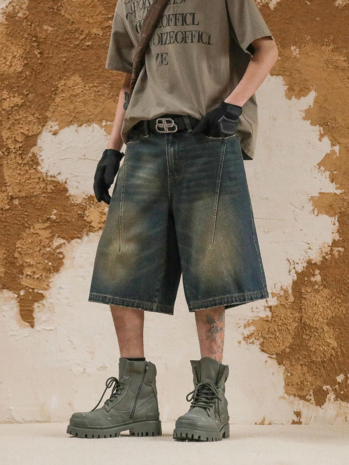 Embroidered Stripe Washed Denim Cargo Shorts