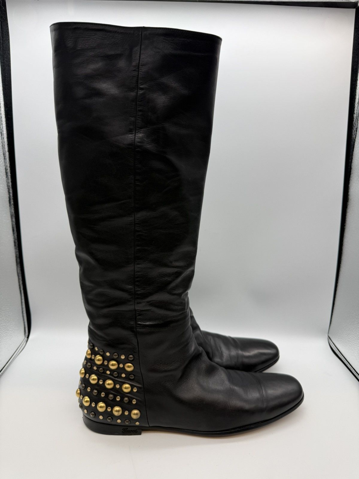 Gucci Gucci "Elizabeth" Studded Tall Boot Black Leather Gold Studs Size US 11 / EU 44 - 2 Thumbnail