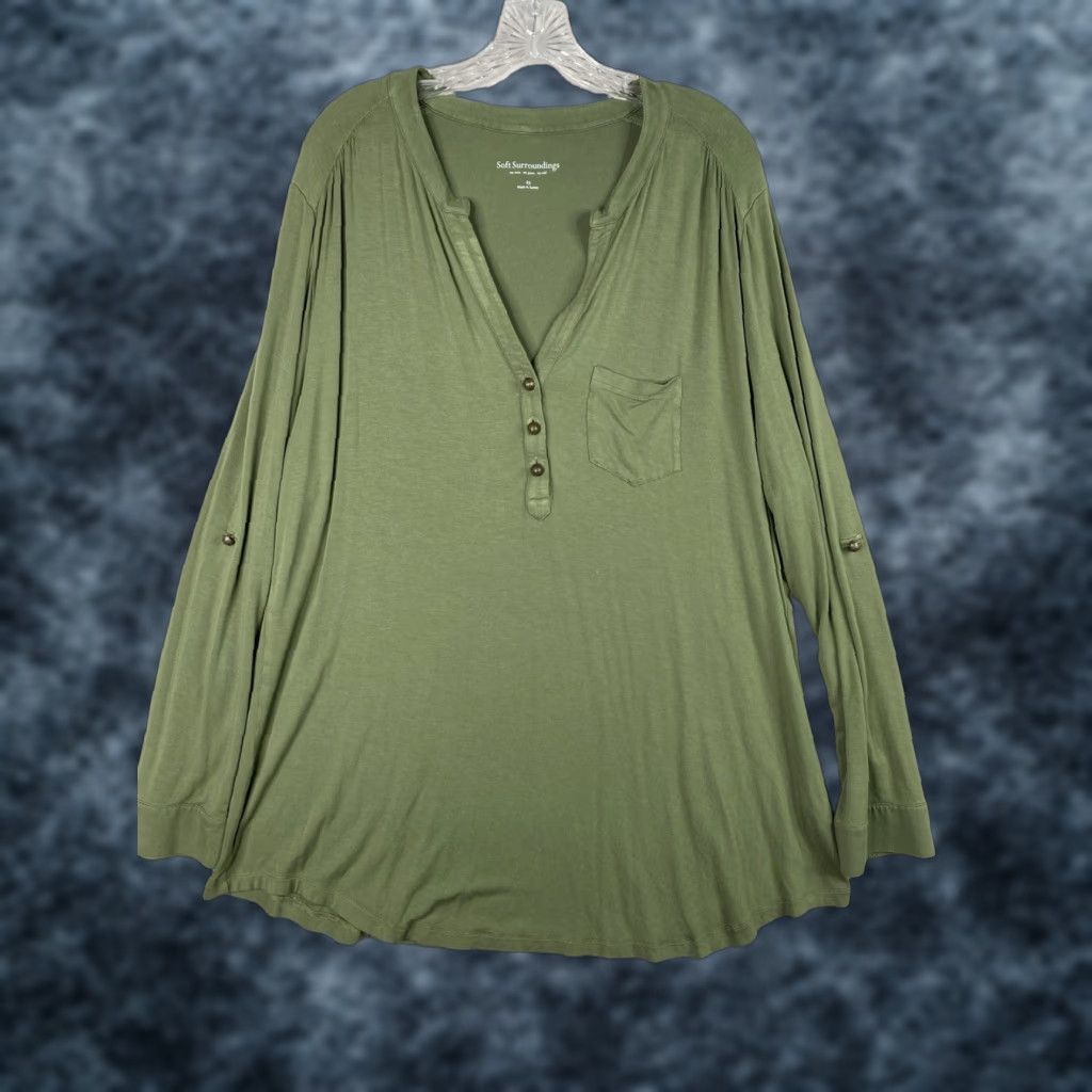 Soft Surroundings Soft Surroundings Tunic Blouse Women 2X Green Long Sleeve V-Neck Pockets Rolled Tab Sleeve Casual Open-Front Size XXL / US 16-18 / IT 52-54 - 1 Thumbnail
