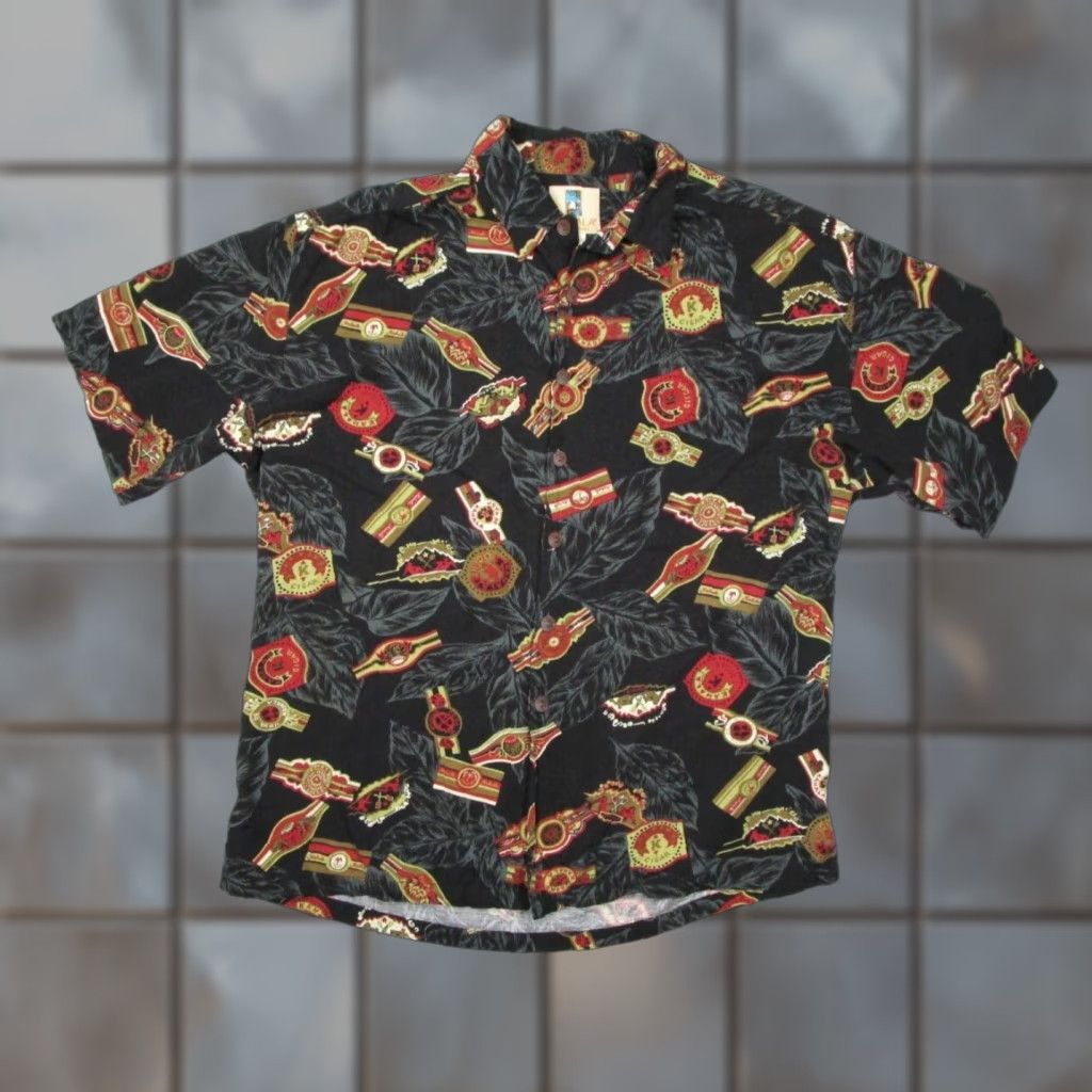 ALOHAS Kahala Men's Black Short Sleeve Button-Up Shirt Geometric Hawaiian Retro Cigar Band Rayon Kahala Shirt Adult Large Mens Size US L / EU 52-54 / 3 - 1 Thumbnail