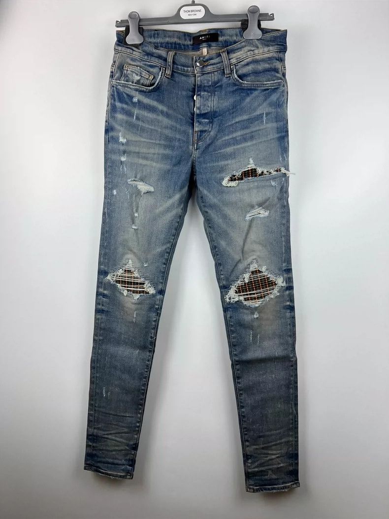 Amiri Amiri Washed Blue Soundwave Stripe Patchwork mx1 Jeans Size US 33 - 1 Thumbnail