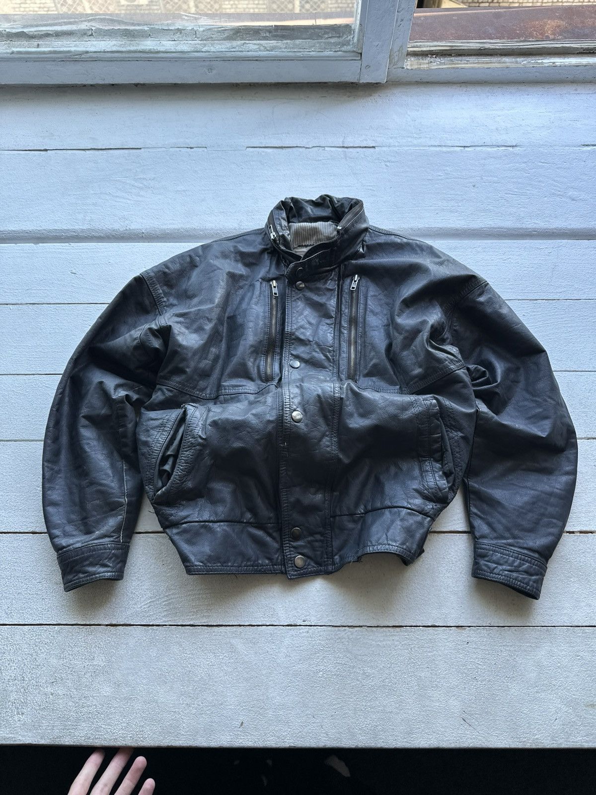 Other 🚨VNTG LEATHER JACKET AVANT GARDE ASYMMETRICAL DARK BLUE/GRAY Size US M / EU 48-50 / 2 - 1 Thumbnail