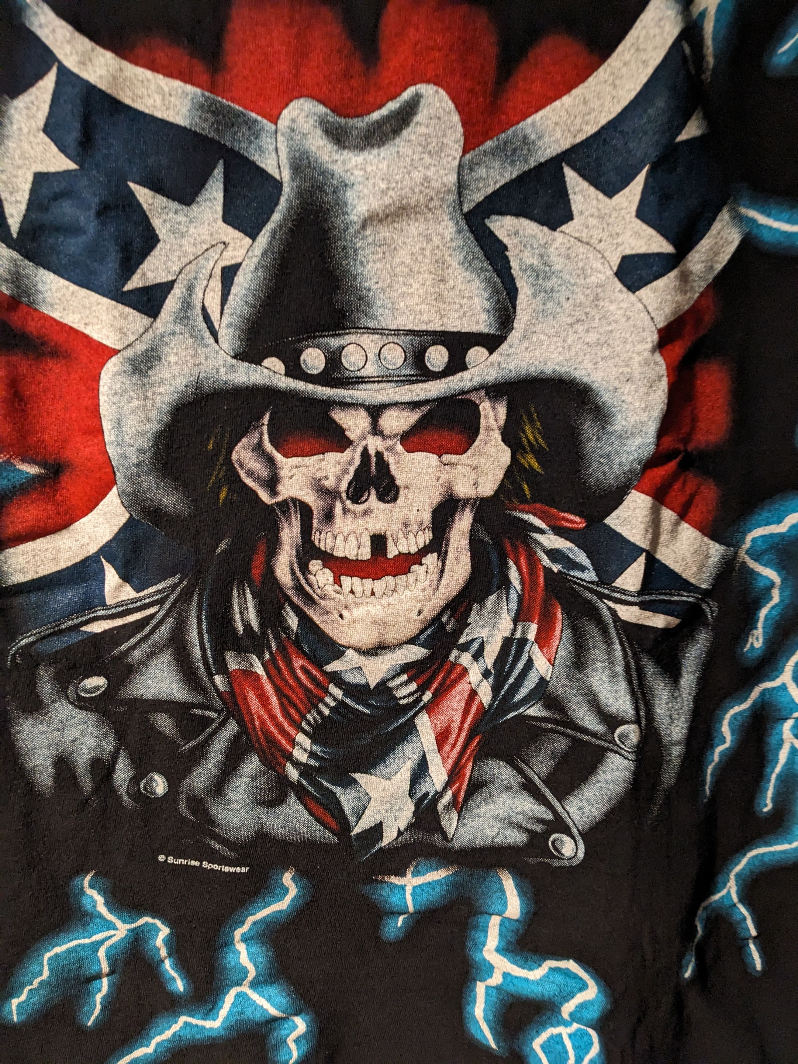 Vintage Vintage 90s USA Thunder Confederate Skull AOP Black T-Shirt Size US XL / EU 56 / 4 - 2 Thumbnail