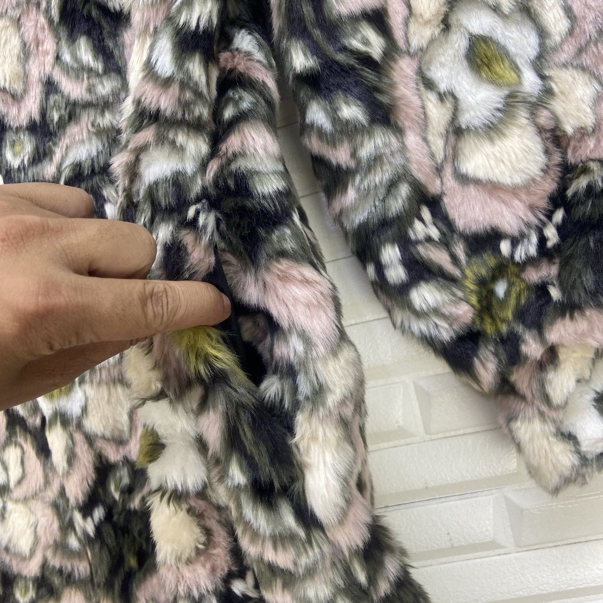 Japanese Brand Lily Brown Flower Printed Faux Fur Coat