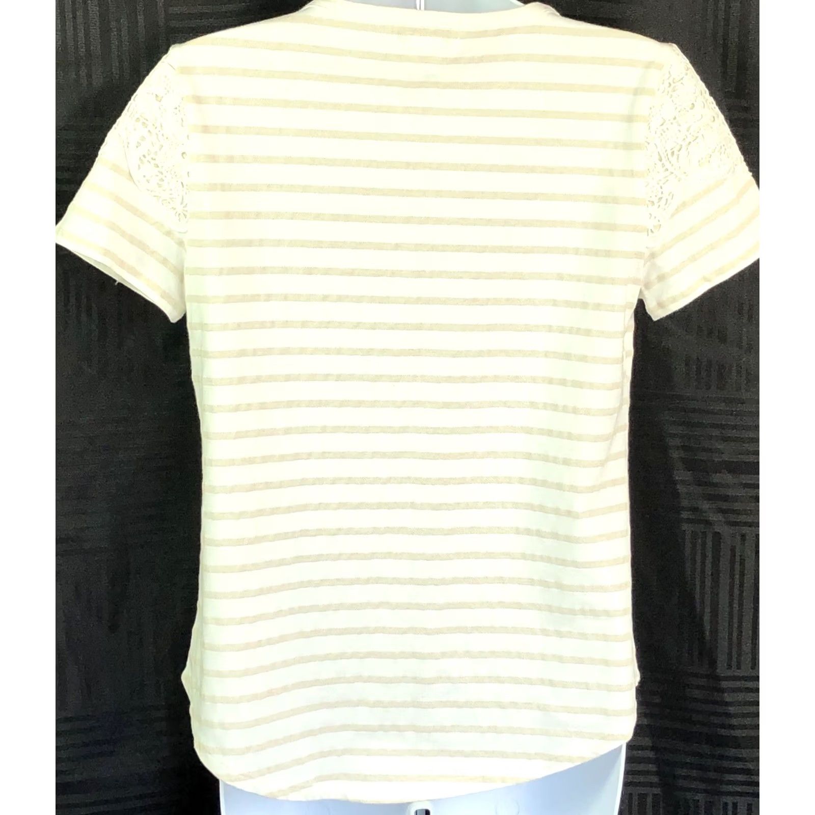 Liz Claiborne Liz Claiborne Shirt S ivory/tan stripe lace trim short sleeve tee cottage preppy Size S / US 4 / IT 40 - 3 Thumbnail