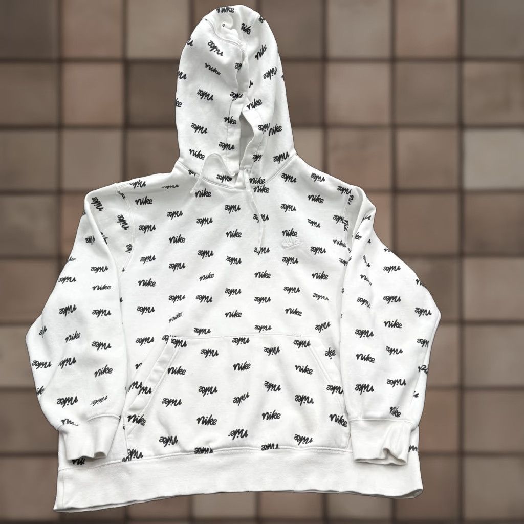 Nike Nike Hoodie Mens 2XL White Allover Script Logo Pullover Fleece Kangaroo Pocket Size US XXL / EU 58 / 5 - 1 Thumbnail