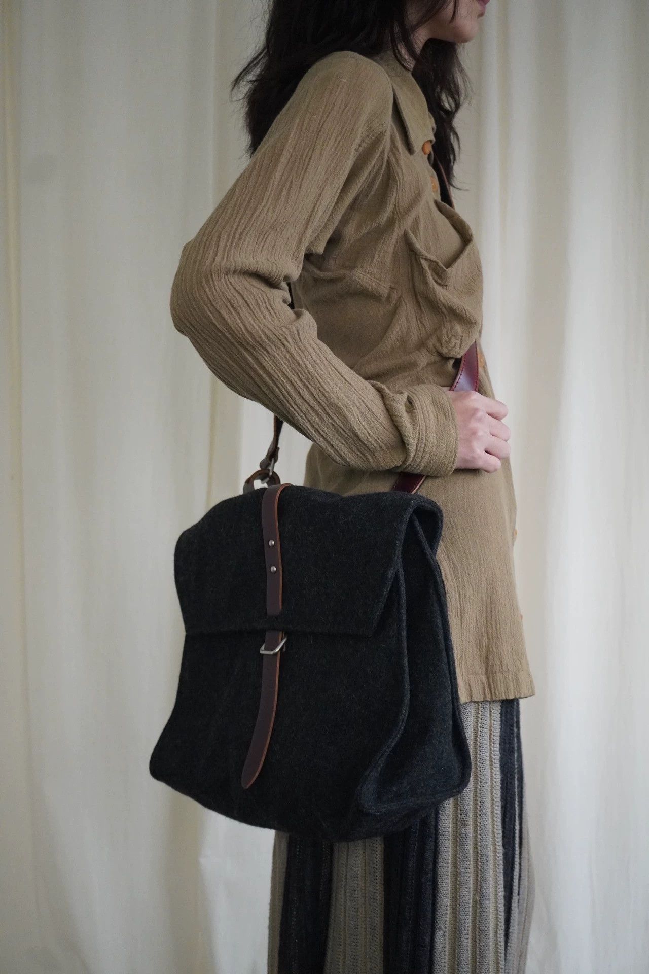Yohji Yamamoto Yohji Yamamoto 1990s Wool Crossbody Red-Brown Leather Size ONE SIZE - 3 Thumbnail