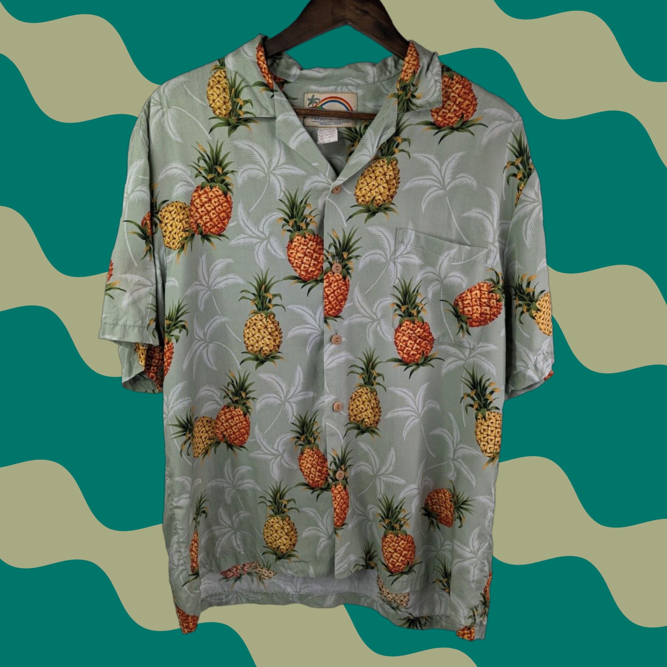 Paradise Found VINTAGE Paradise Found Men’s Hawaiian Shirt L Green Short Sleeve Button-Up Collared Tropical Pineapple Swingers Party/Cocktail Travel Casual Size US L / EU 52-54 / 3 - 1 Thumbnail