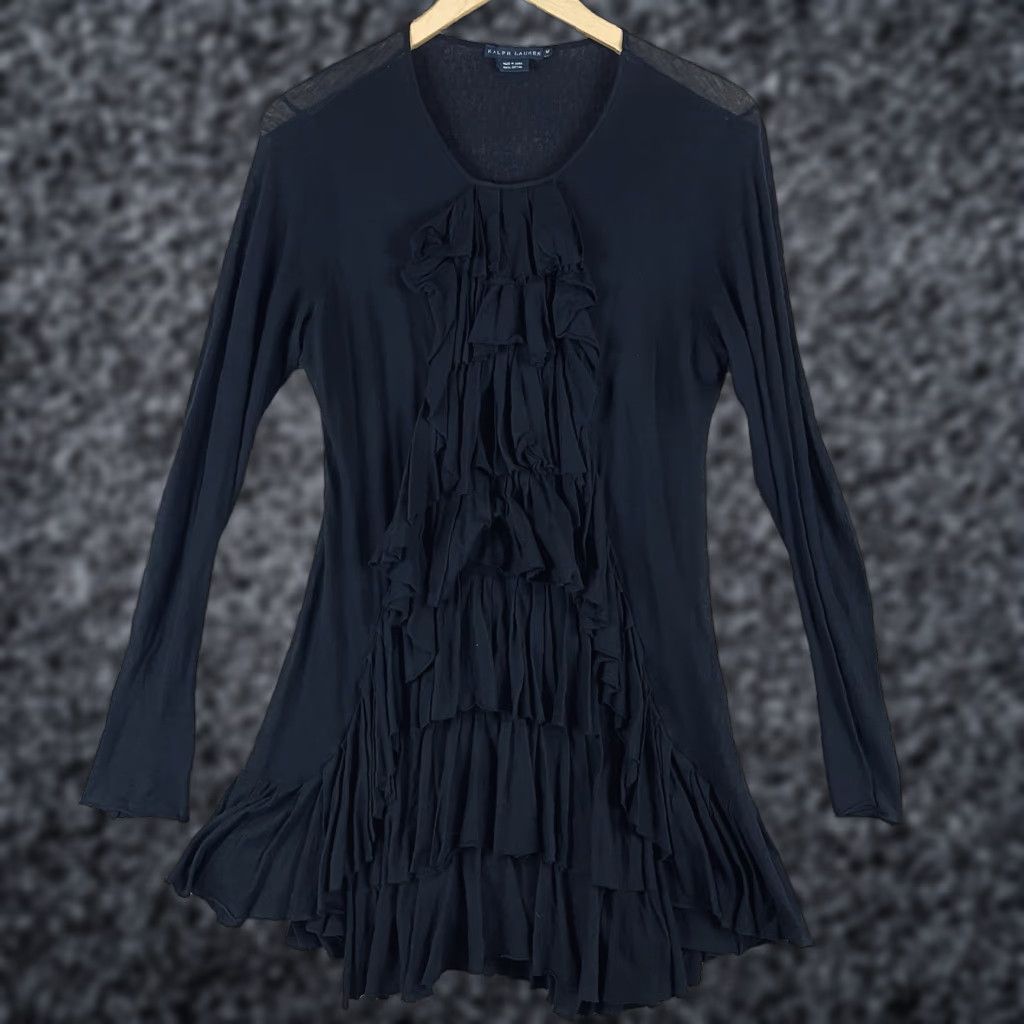VINTAGE Ralph Lauren Dress Medium Black Cotton Ruffle Front Long Sleeve  Semi Sheer