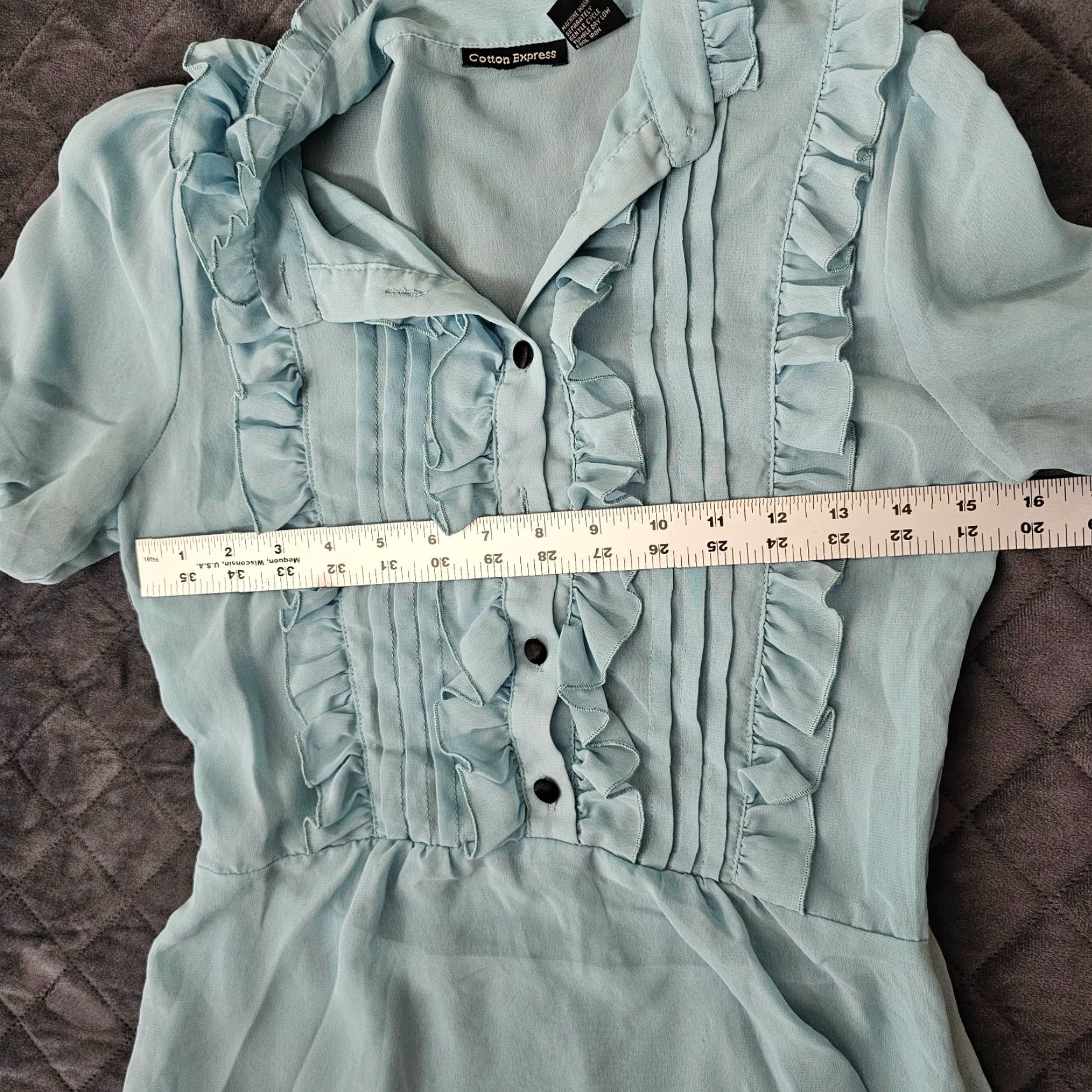 Express VINTAGE Cotton Express Blouse Button Shirt Blue Silk Ruffled Short Sleeve M 80s Womens Size M / US 6-8 / IT 42-44 - 6 Thumbnail