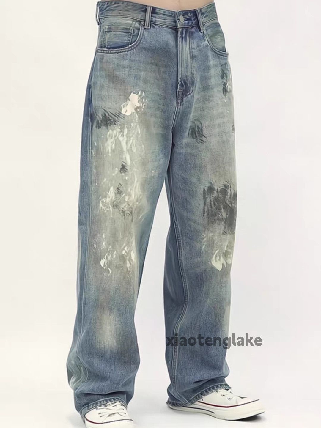 Jean Unisex washed faded stain paint grunge baggy jeans Size US 34 / EU 50 - 2 Thumbnail