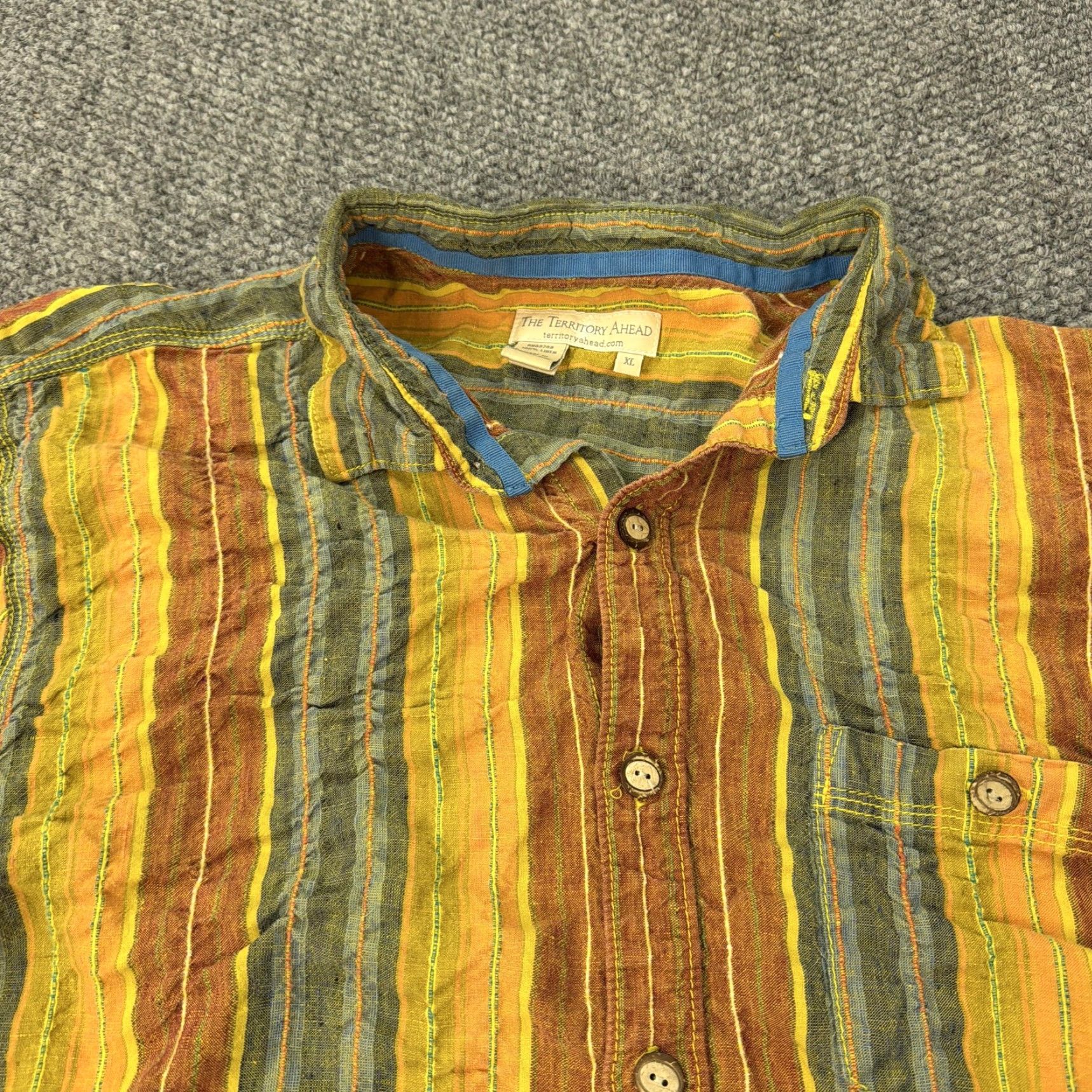 The Territory Ahead The Territory Ahead Shirt Mens XL Yellow Green Stripe 100% Linen Short Sleeve Size US XL / EU 56 / 4 - 3 Thumbnail