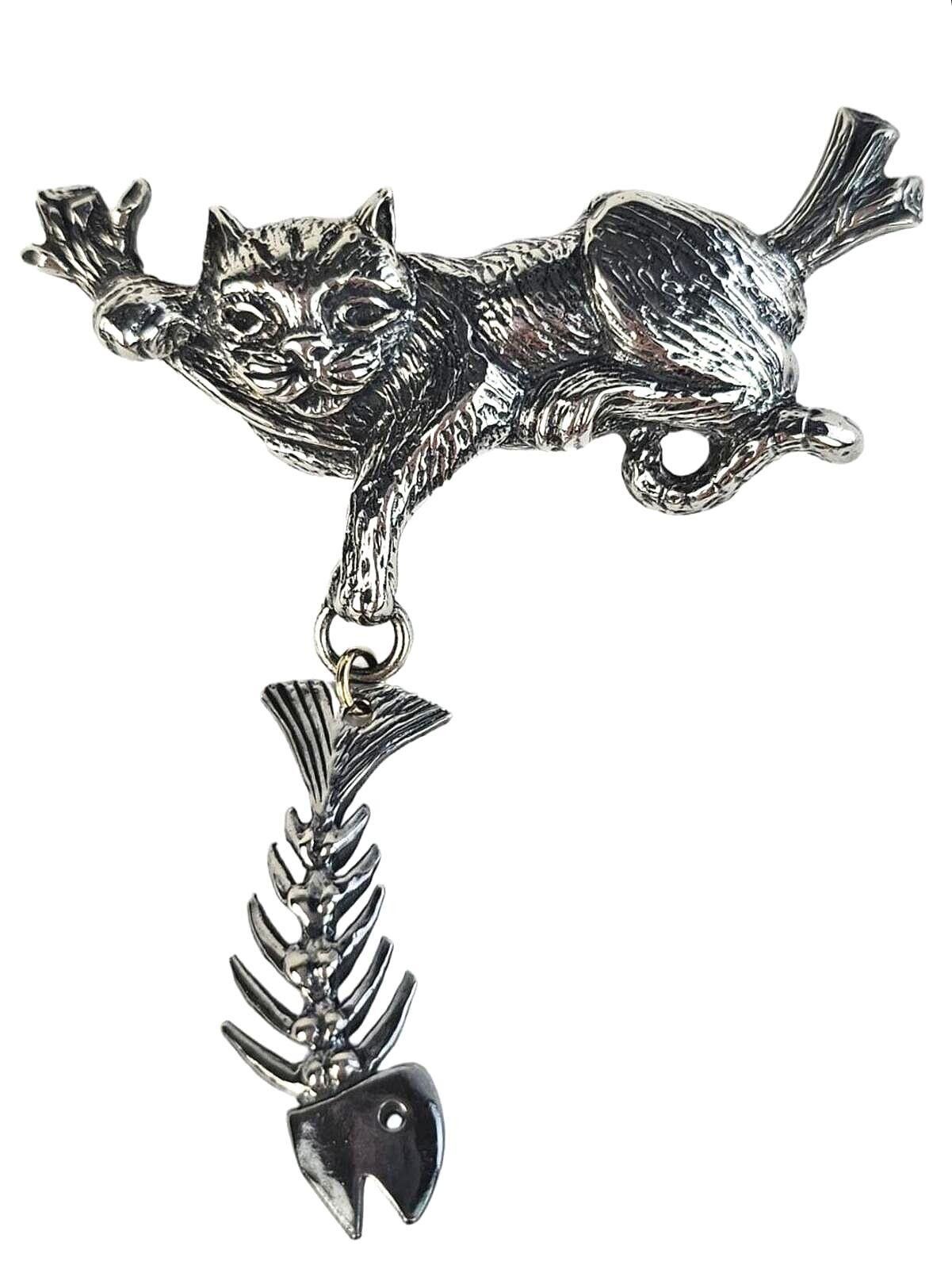 Other Robert Shields Vintage Silver Cat & Fishbone Pin Brooch RARE Size ONE SIZE - 1 Thumbnail