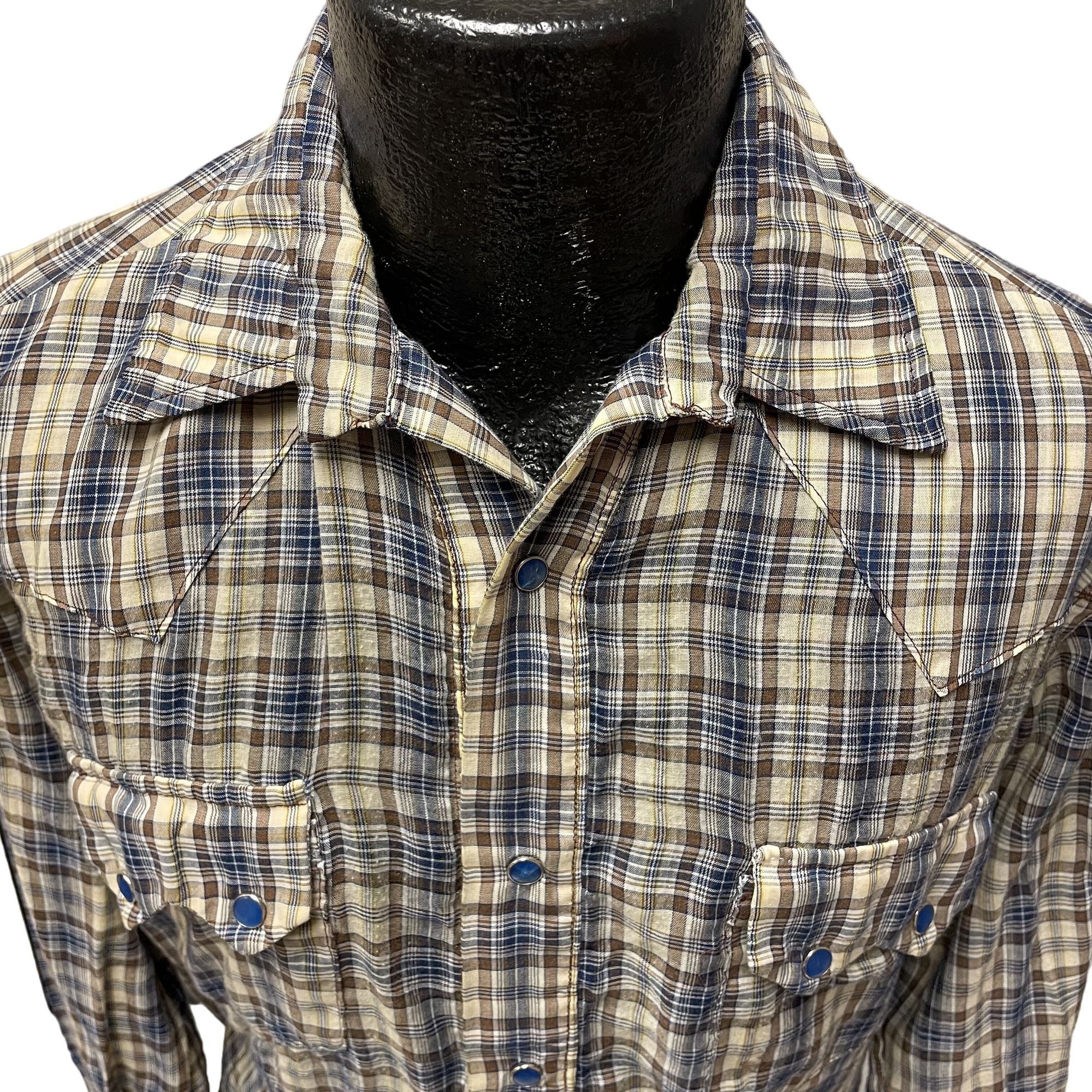 Other Vtg Blue Brown Plaid ROCKABILLY Cowboy SAWTOOTH Shirt Size US L / EU 52-54 / 3 - 2 Thumbnail
