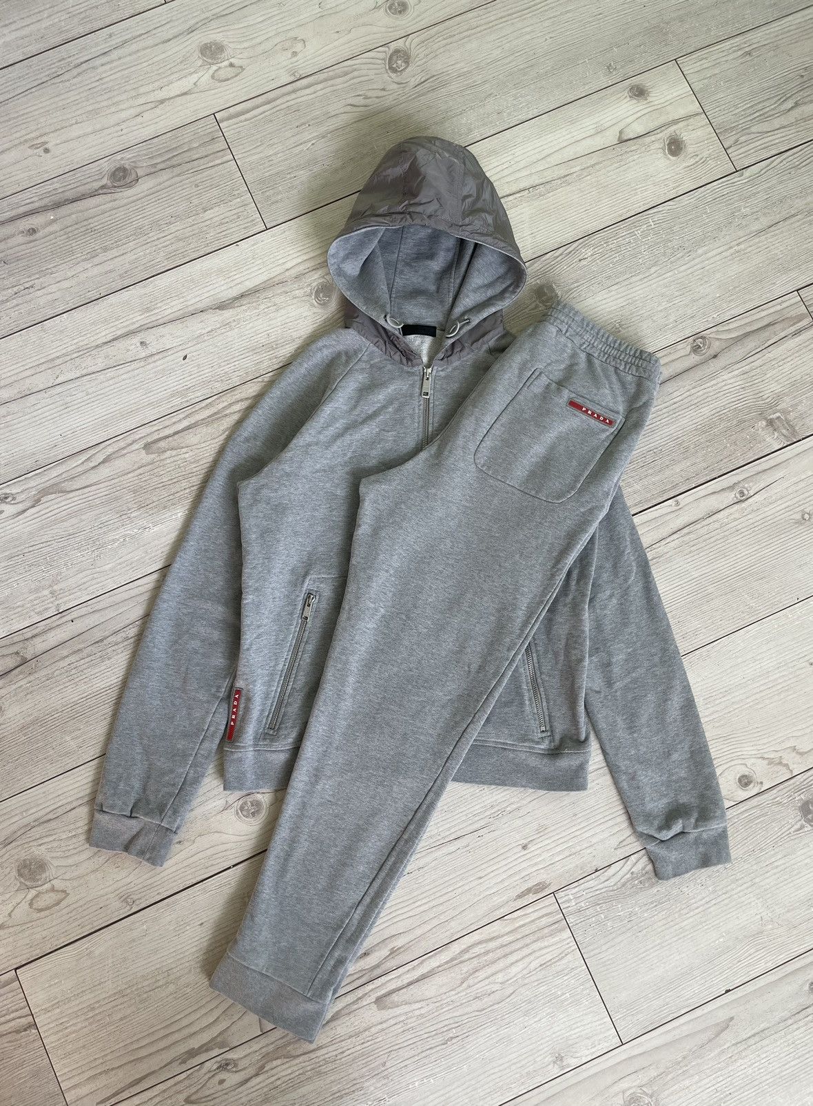 image of Prada Milano Zip Hoodie Red Tab Logo Hoodie/pants Set in Grey, Men's (Size Medium)
