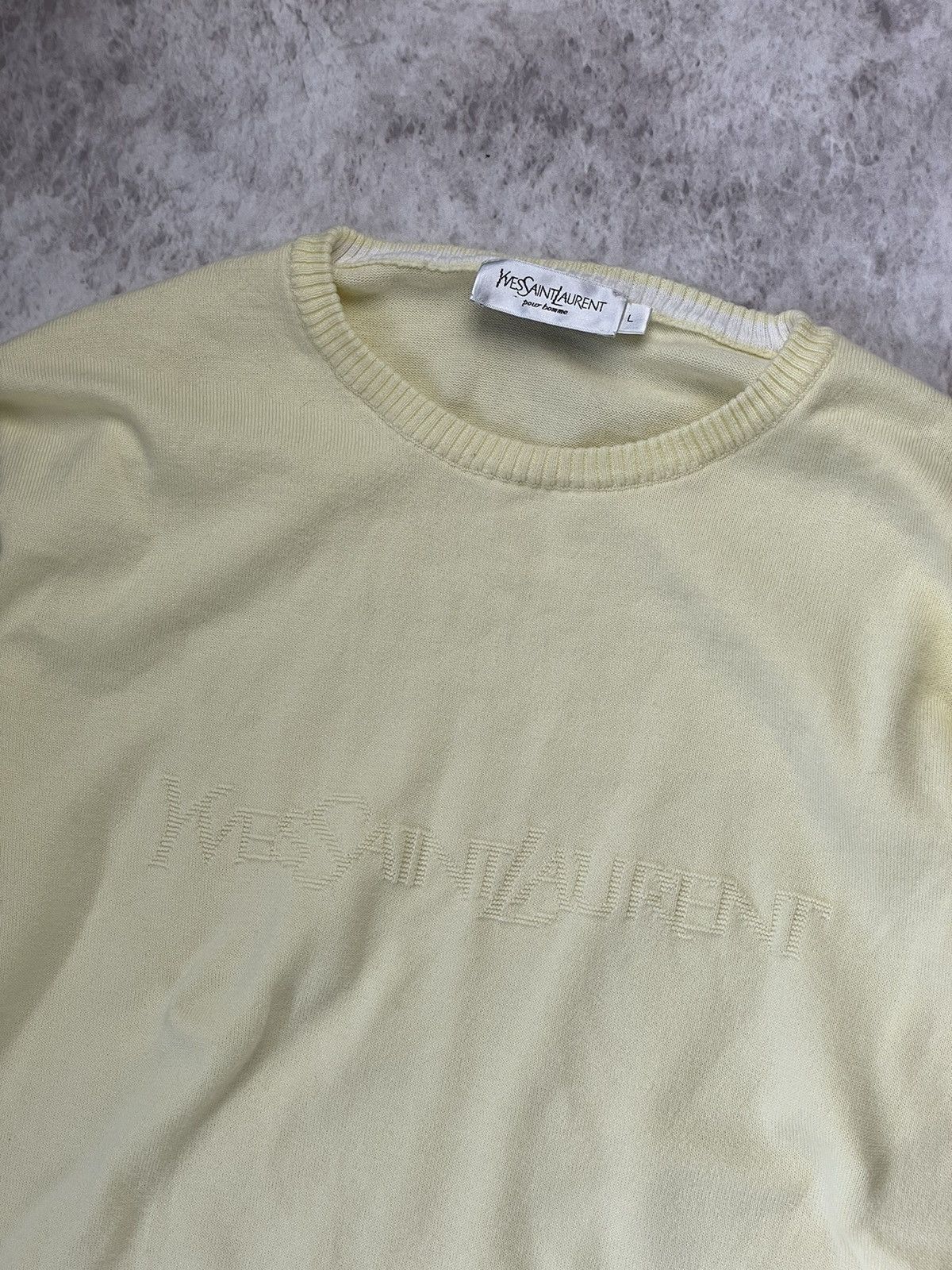 image of Vintage YVES Saint Laurent YSL Luxury Sweater Cotton Slim Logo in Yellow, Men's (Size Large)