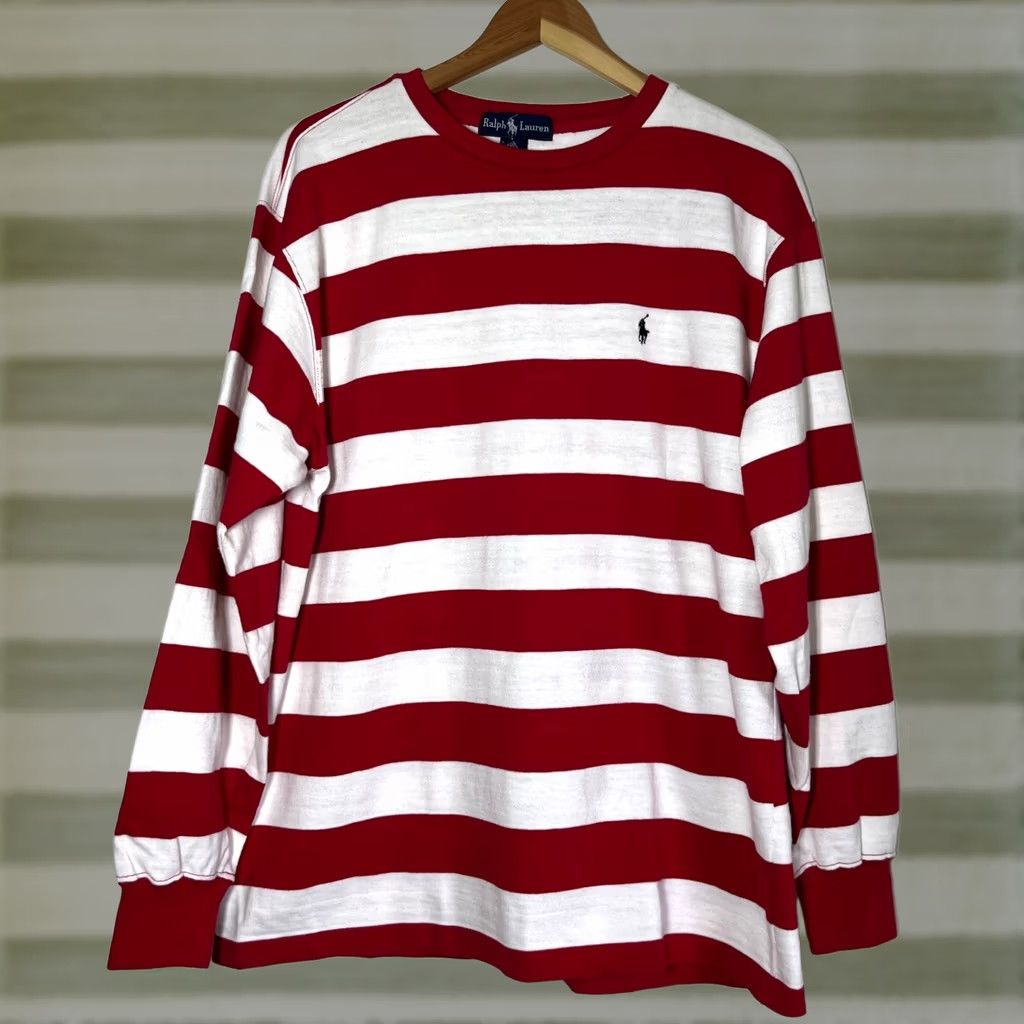 Ralph Lauren VINTAGE Ralph Lauren Mens Pullover Long Sleeve Striped Crew Neck Cotton Made in USA Sz L Red White 90s Retro Classic USA Sweatshirt (Adult) Size US L / EU 52-54 / 3 - 1 Thumbnail