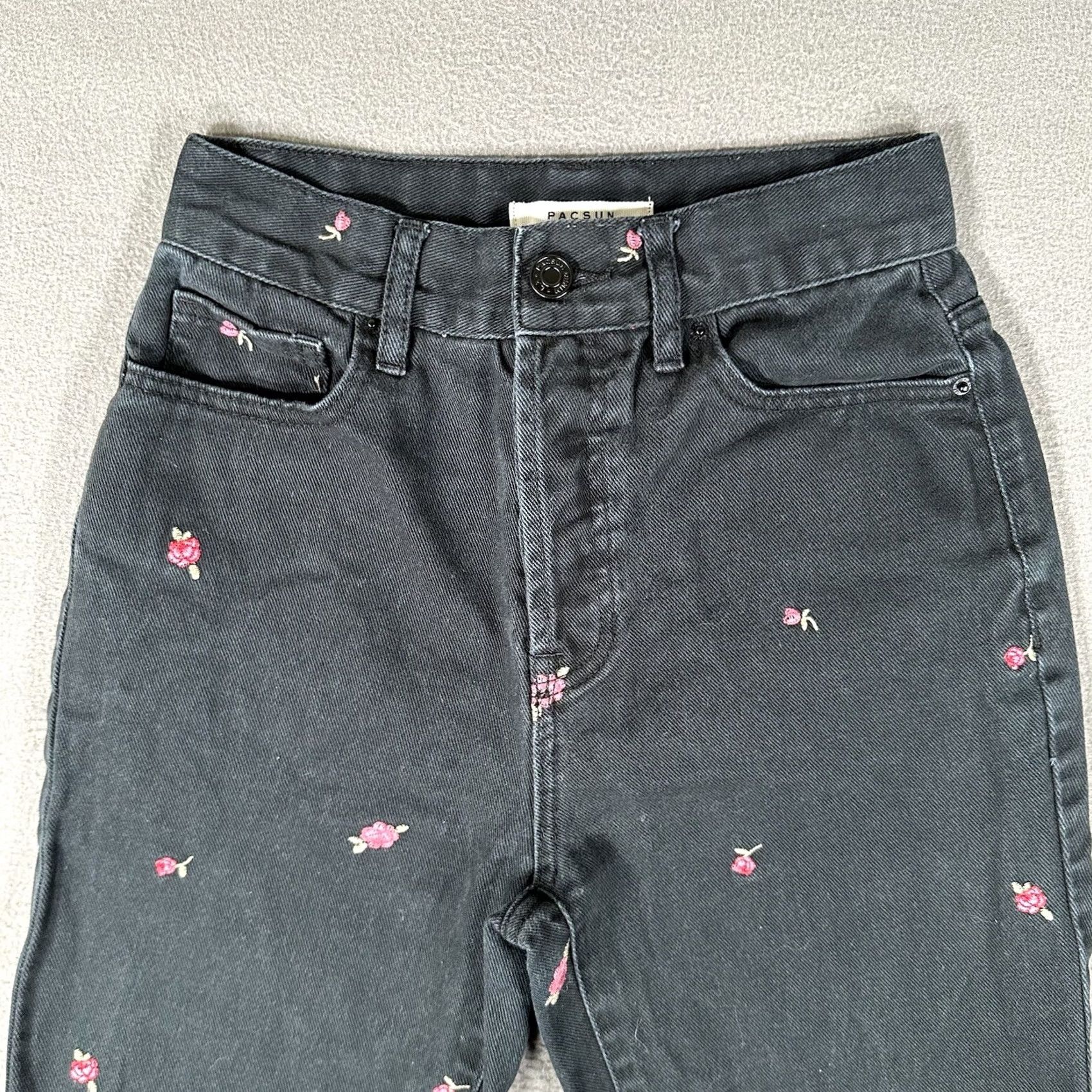 Pacsun PacSun Jeans Women 24 Black High Rise Straight Flower Embroidered Button Fly EUC Size 42" / US 20 - 7 Thumbnail