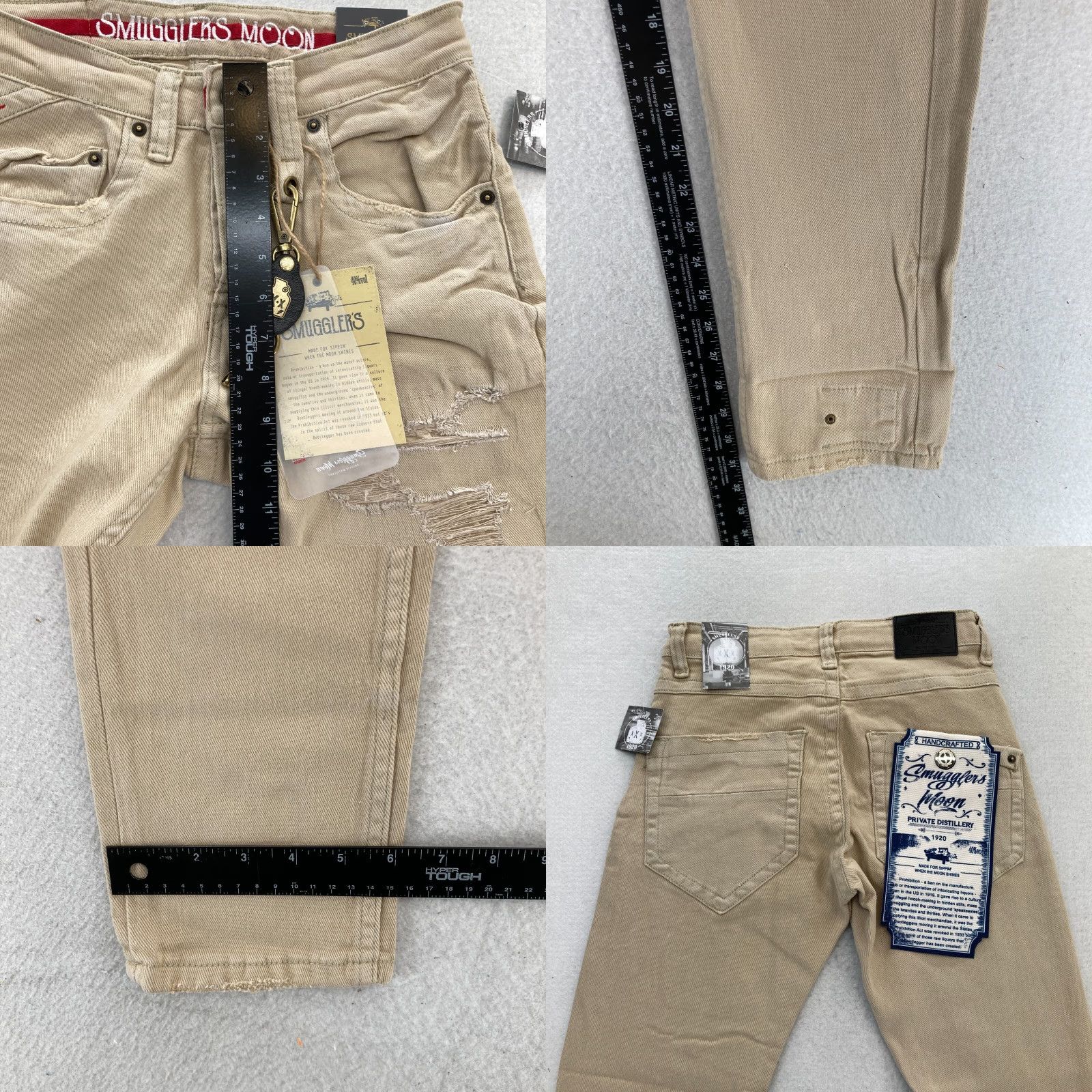 Denime Smugglers Moon Jeans Mens 28x31 Khaki Beige Denim Button Fly Roll Up Distressed Slim Jeans Men Size US 28 / EU 44 - 9 Thumbnail