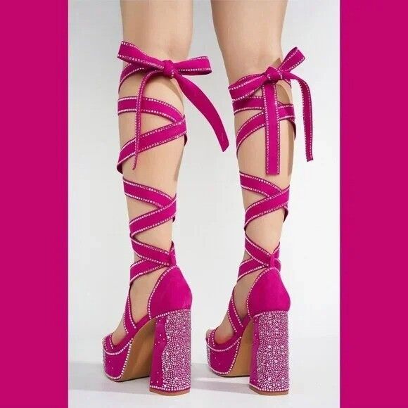 Other Extra Long Strap Rhinestone Platform Chunky Heel Shoes Hot P Size US 7.5 / IT 37.5 - 2 Thumbnail