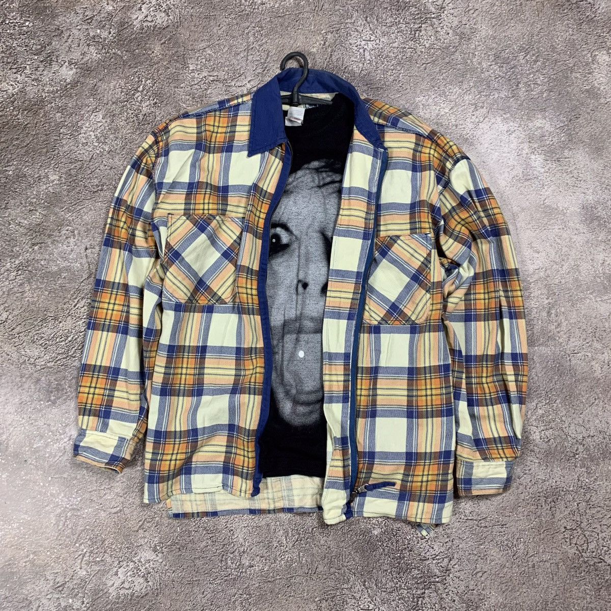 Vintage Vintage 90s Plaid Chore Coat Yellow Navy Workwear Grunge L Size US L / EU 52-54 / 3 - 1 Thumbnail