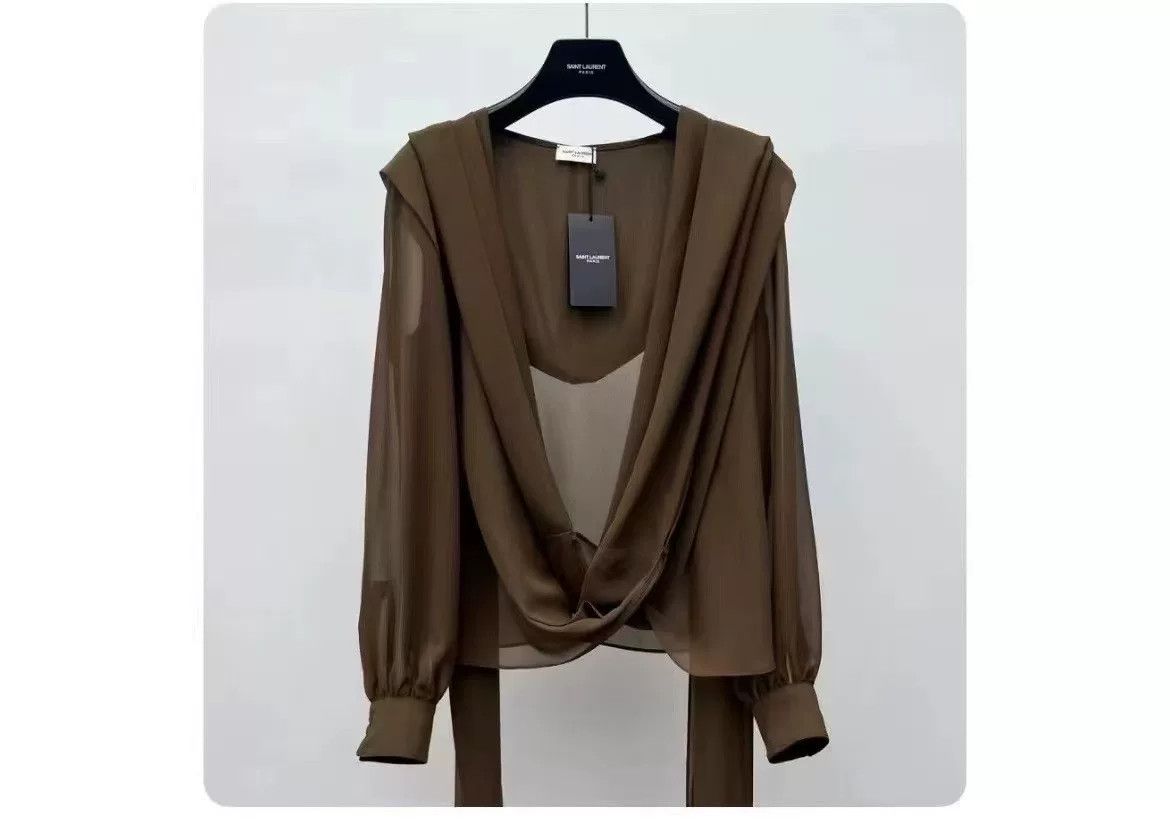 Saint Laurent Paris Saint Laurent Brown Silk Hooded Shirt Size XXS / US 00 / IT 34 - 1 Thumbnail