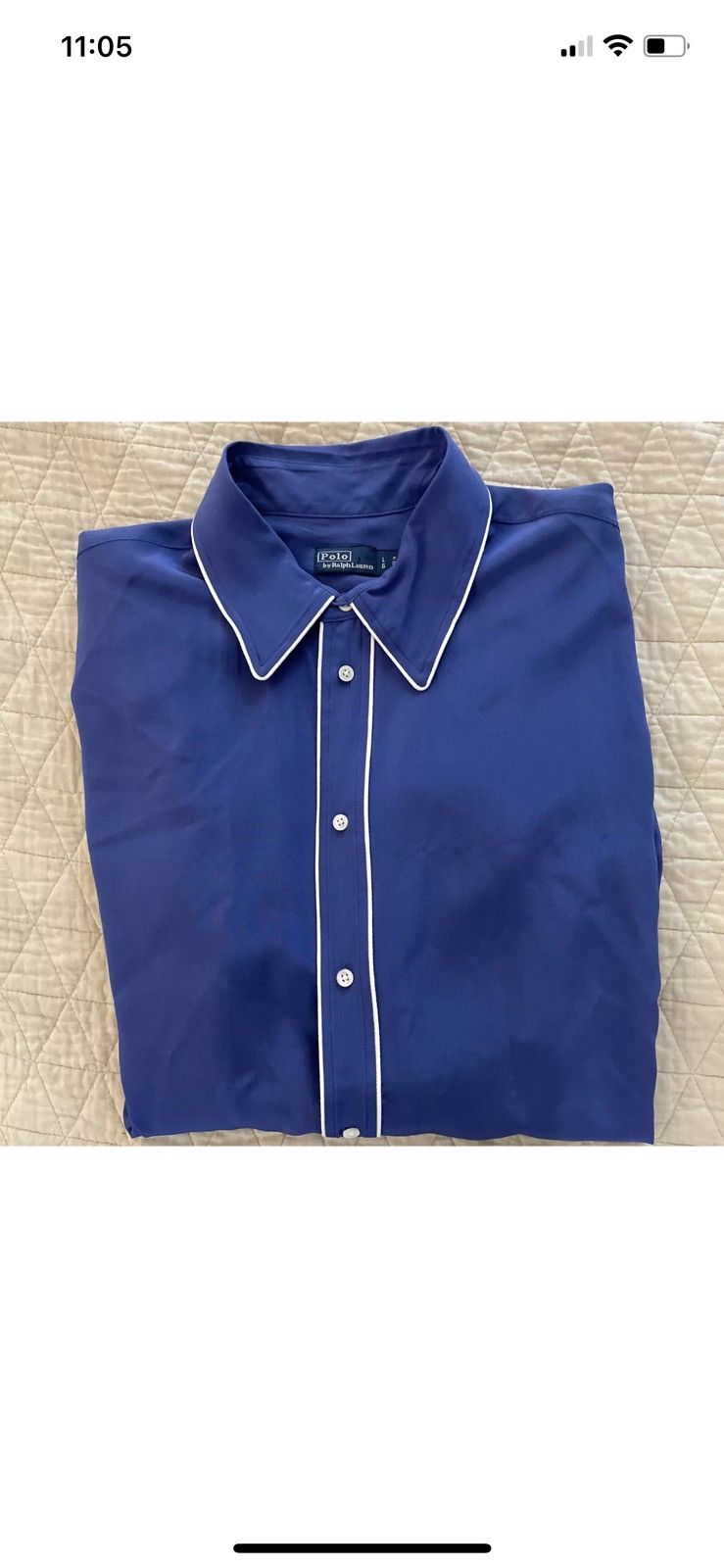 image of Polo Ralph Lauren Contrast-Piping Mulberry Silk Pajama Blouse in Blue, Women's (Size Large)
