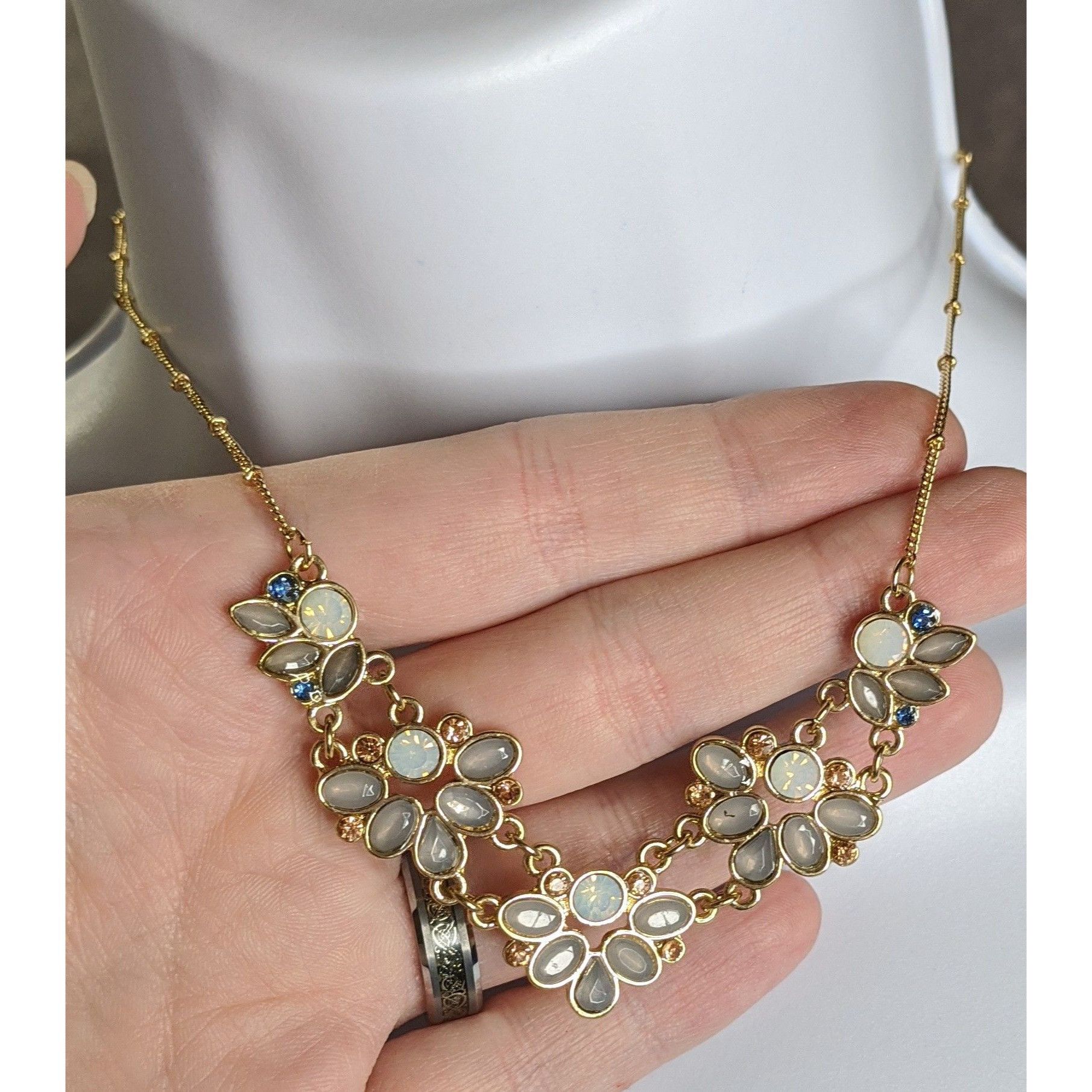Other Floral Gold Tone Necklace With Faux Opal & Rhinestone Accent Size ONE SIZE - 6 Thumbnail