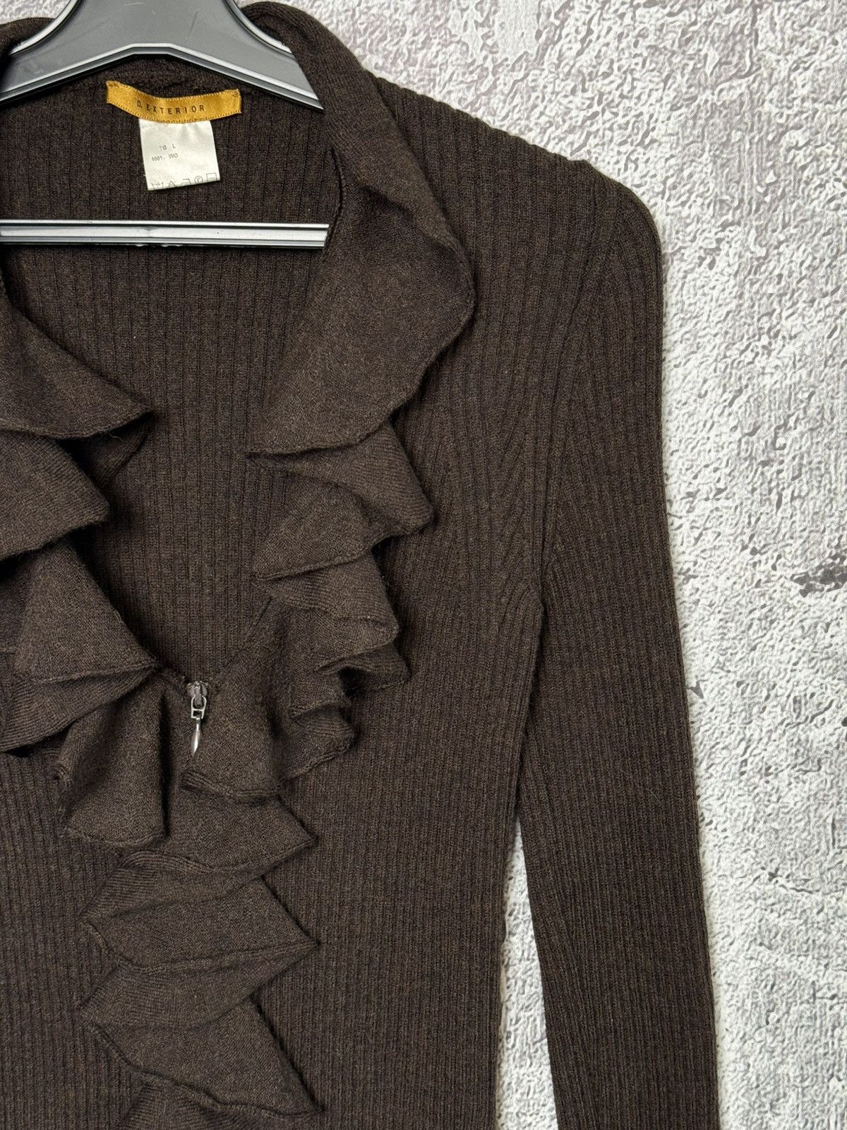 D.Exterior D.Exterior Brown Ribbed Wool Ruffle Zip Cardigan Sweater Size L / US 10 / IT 46 - 5 Thumbnail