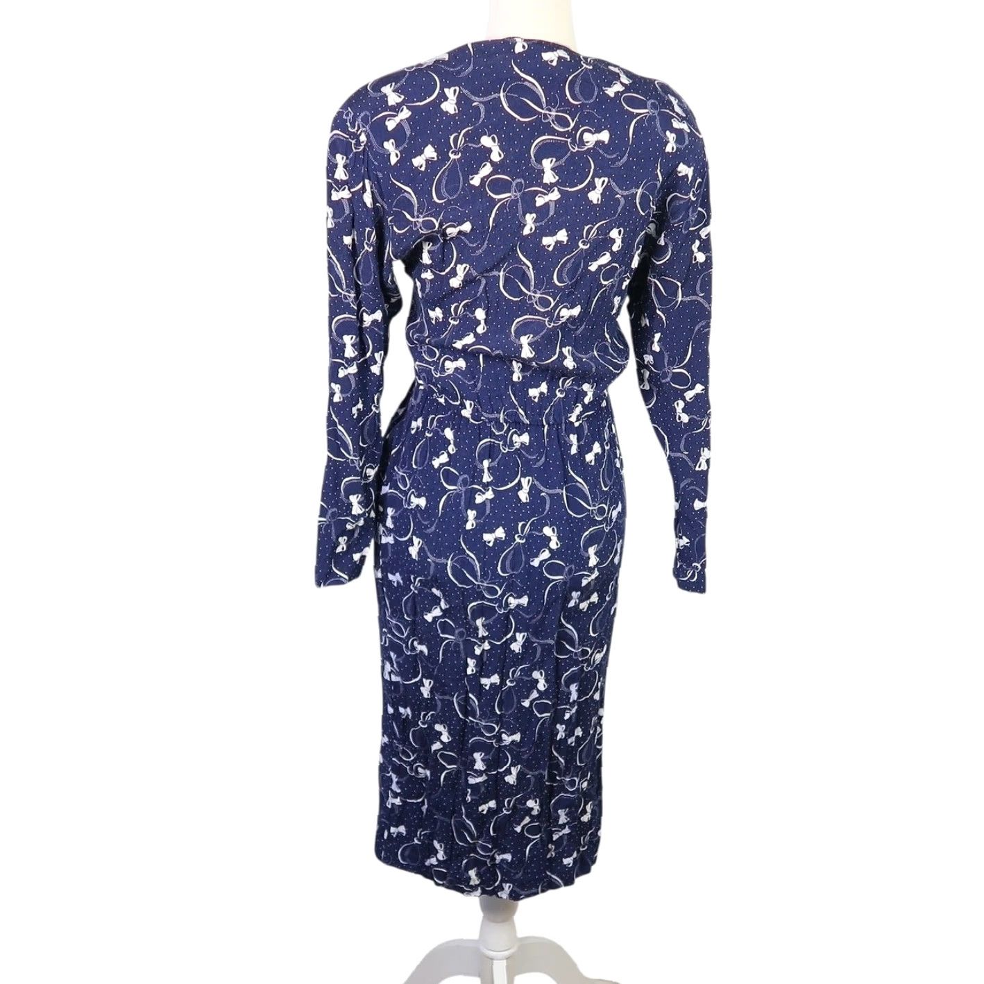 Vintage VINTAGE Carol Anderson Navy Blue White Bow Dot Print Midi Dress Wrap Dress 4 Women Long Sleeve Rayon Polka Dot 80s 90s Size S / US 4 / IT 40 - 4 Thumbnail