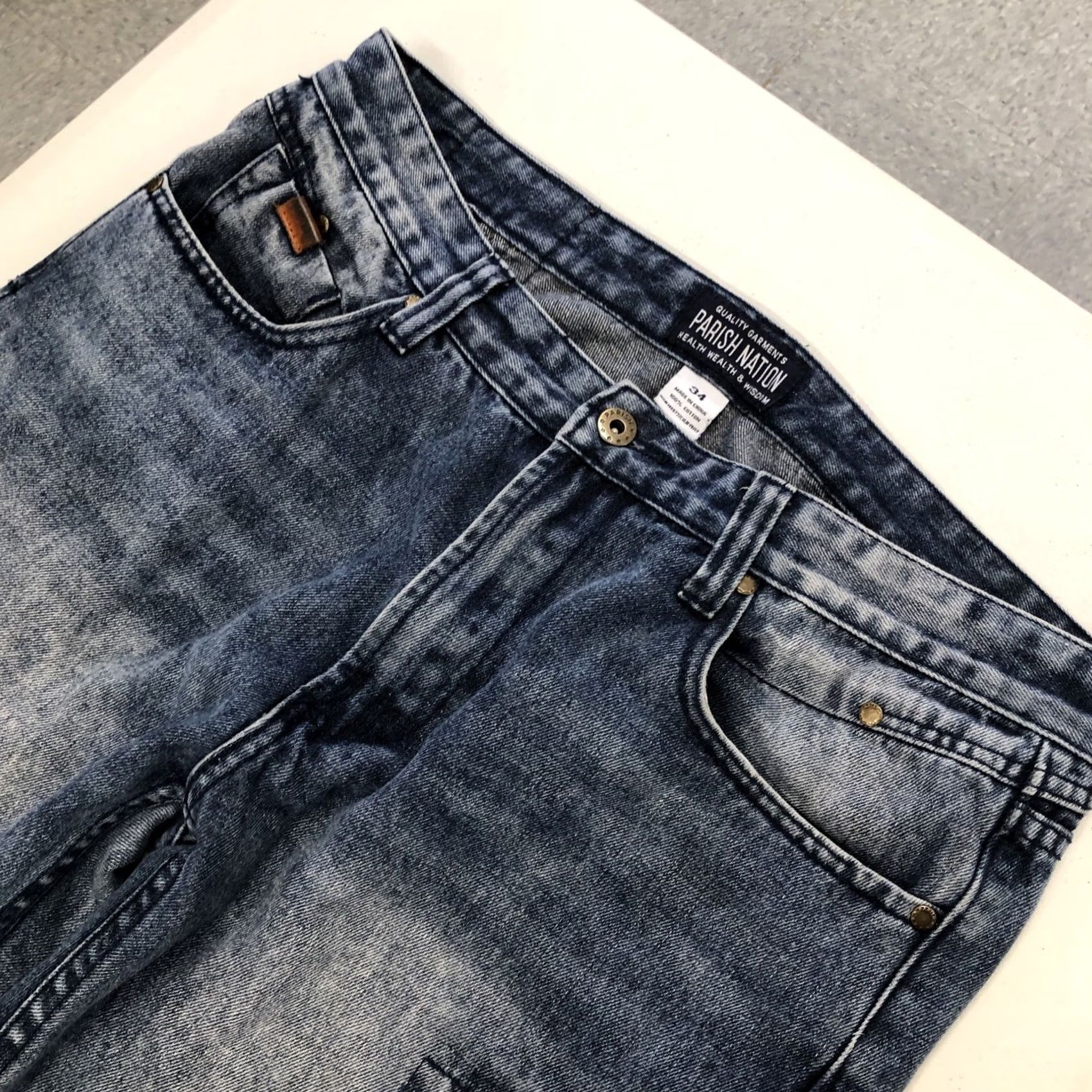Denime Parish Nation Jeans Mens Size 36x30.5 Denim Distressed Patches Jeans Straight 5-Pocket 34 Tag Blue 100% Cotton Regular Size US 34 / EU 50 - 3 Thumbnail
